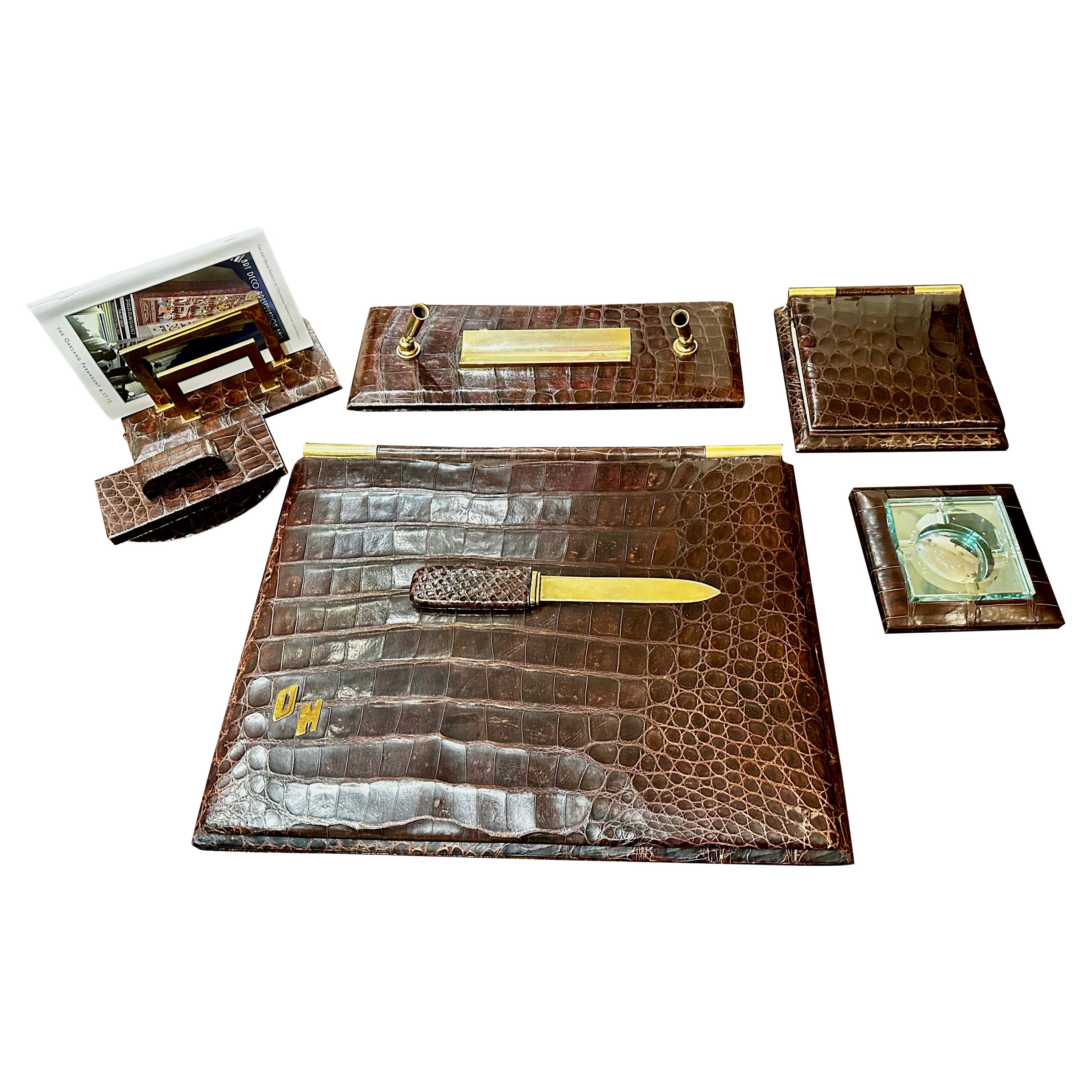 Paris Crocodile Skin 7 Piece Desk Set French Art Deco Complete For Sale