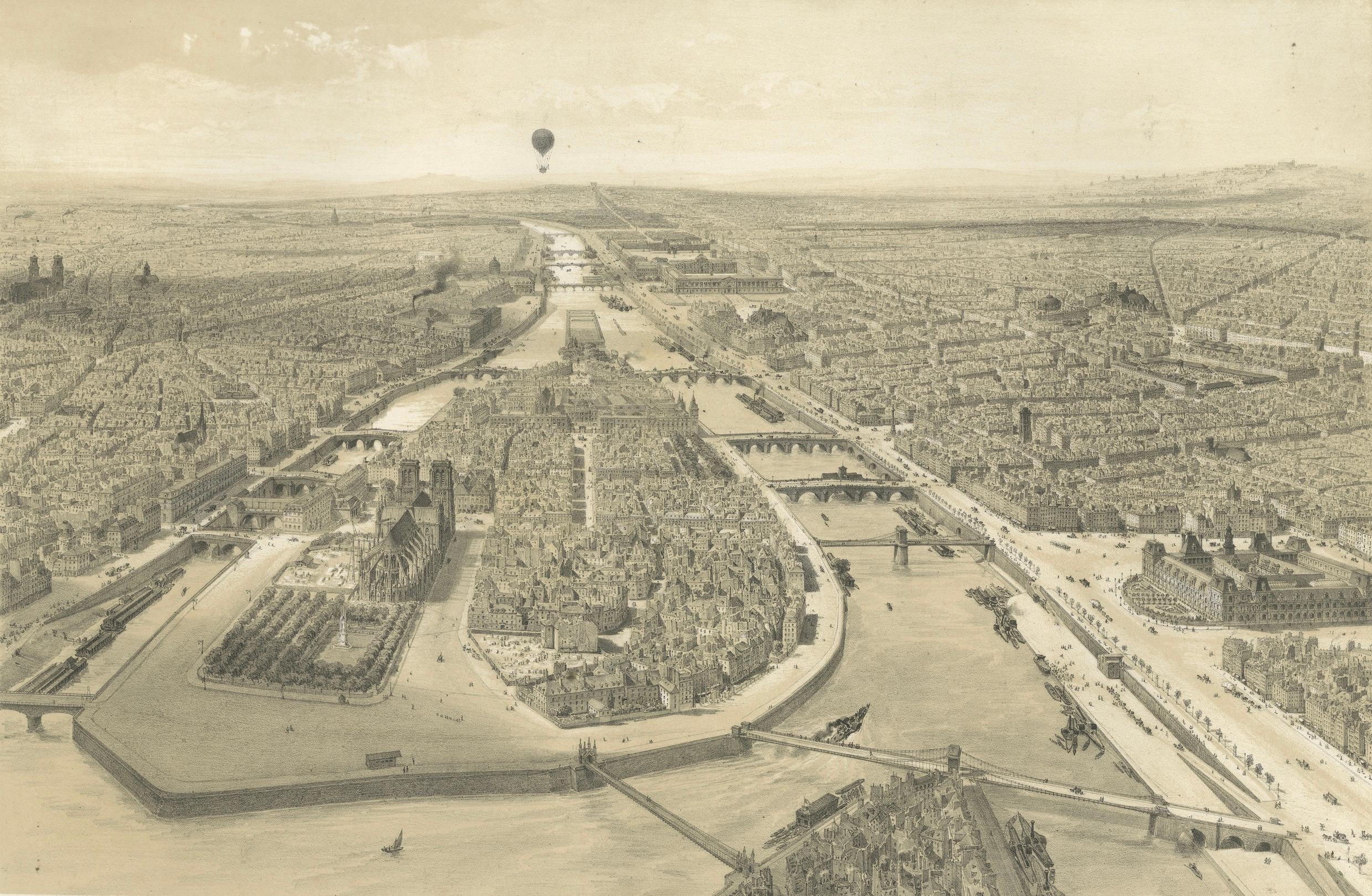 Paris en Ballon – Aerial View of Paris from a Balloon, Lithograph by Albert 1850 For Sale 4