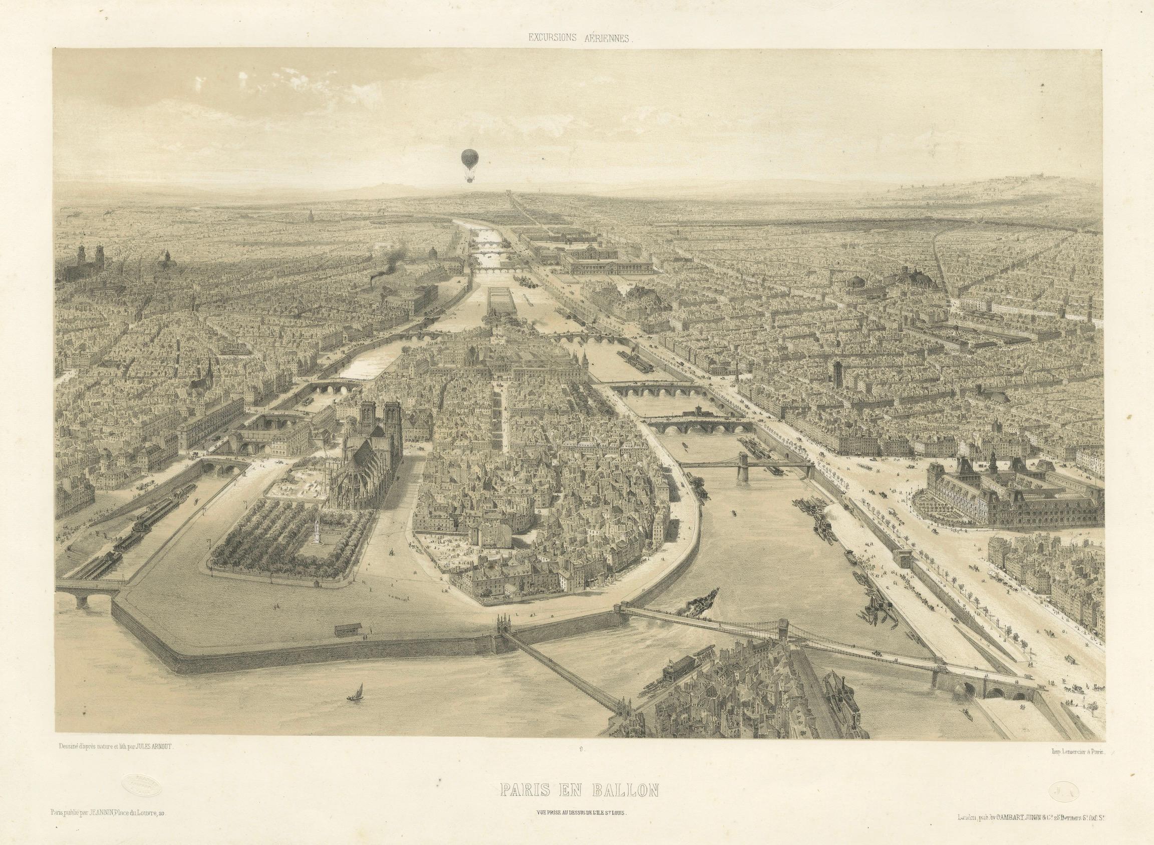 Paris en Ballon – Aerial View of Paris from a Balloon, Lithograph by Albert 1850 For Sale 5