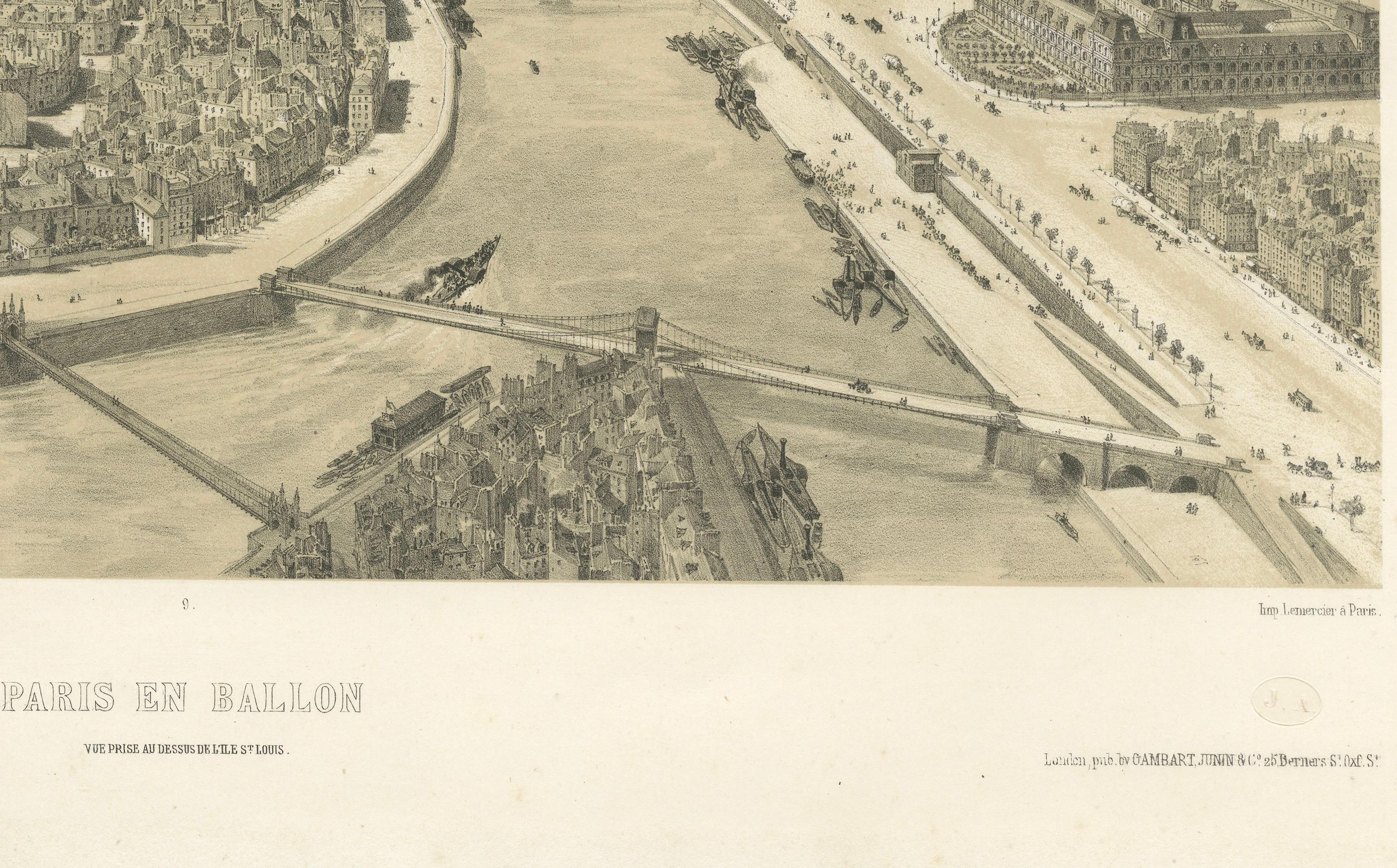 Paris en Ballon – Aerial View of Paris from a Balloon, Lithograph by Albert, circa 1850

This striking 19th-century lithograph titled Paris en Ballon (Paris from a Balloon) offers a remarkable aerial perspective of the French capital, viewed as if
