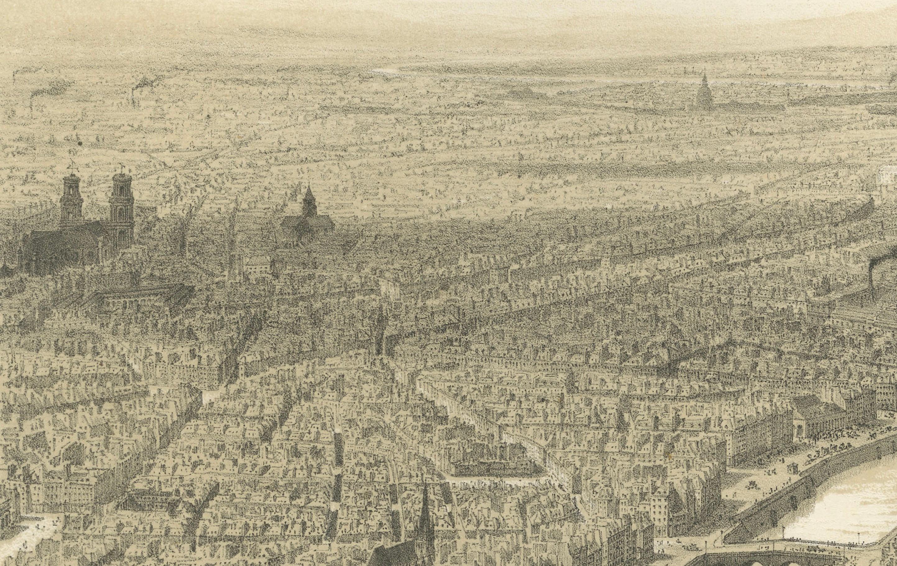 Paris en Ballon – Aerial View of Paris from a Balloon, Lithograph by Albert 1850 In Good Condition For Sale In Langweer, NL
