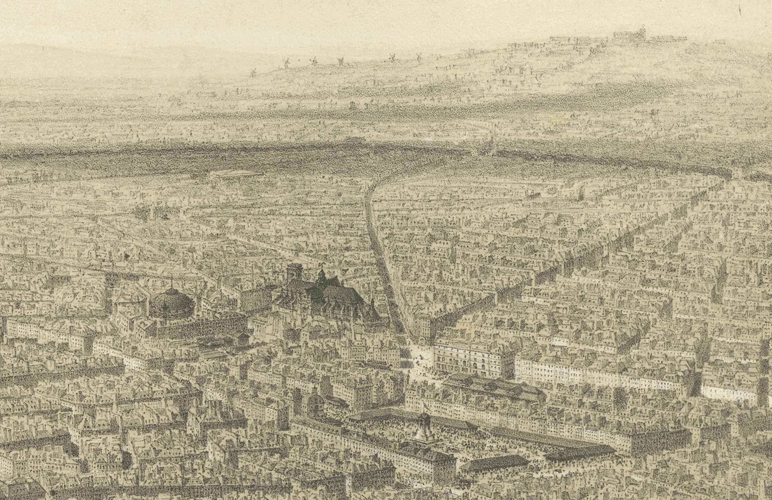 19th Century Paris en Ballon – Aerial View of Paris from a Balloon, Lithograph by Albert 1850 For Sale