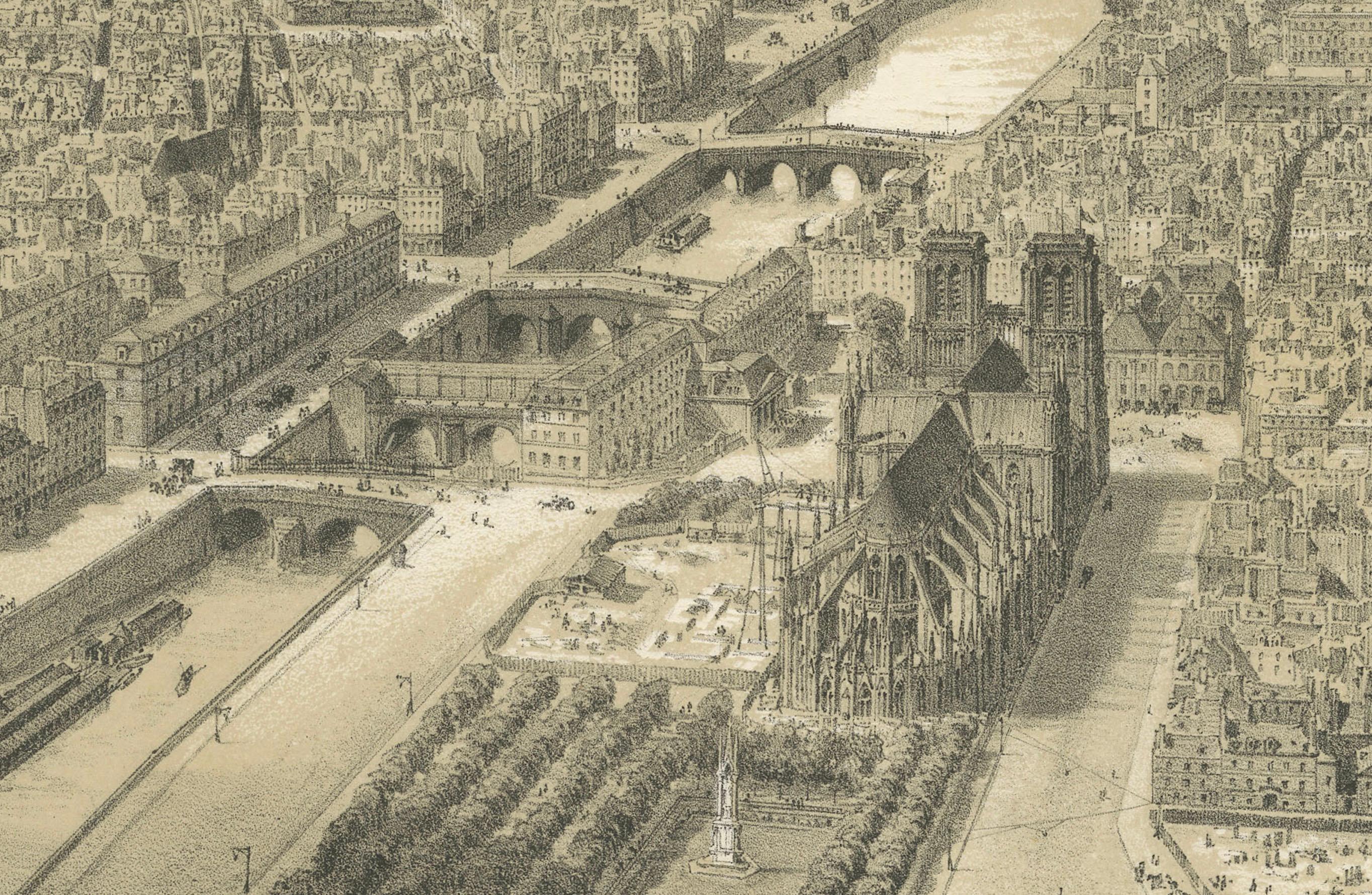Paris en Ballon – Aerial View of Paris from a Balloon, Lithograph by Albert 1850 For Sale 2