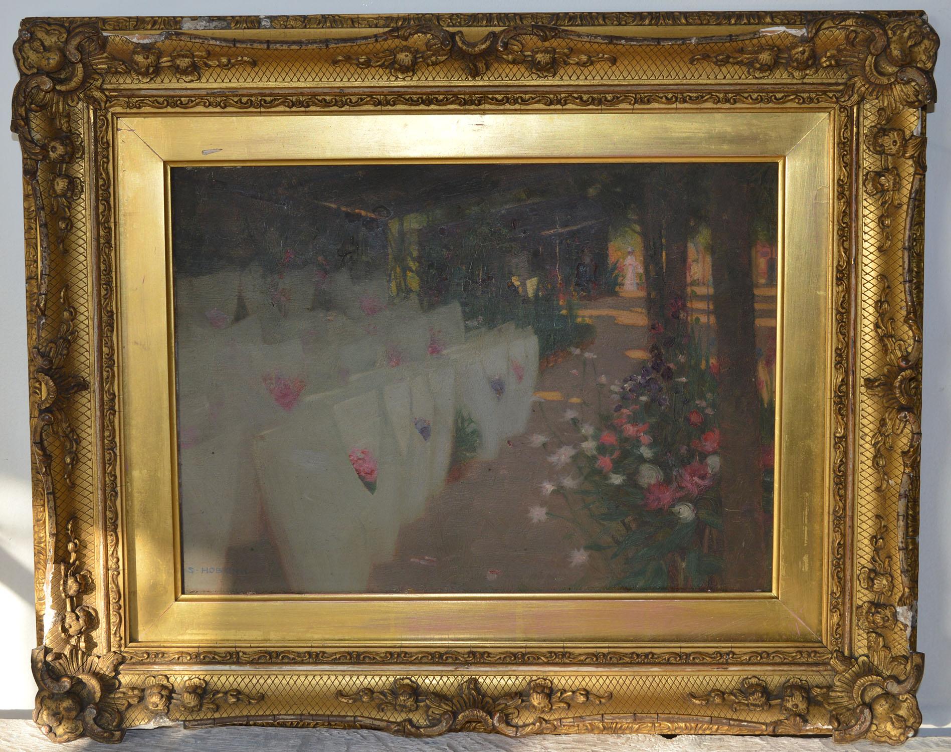 Lovely painting of a distant female figure in a Paris flower market

By Scottish artist Stuart Hobkirk

It reminds me of work by the Scottish Colorists

In unrestored condition.

Oil on board

Original gilt gesso frame. Frame needs