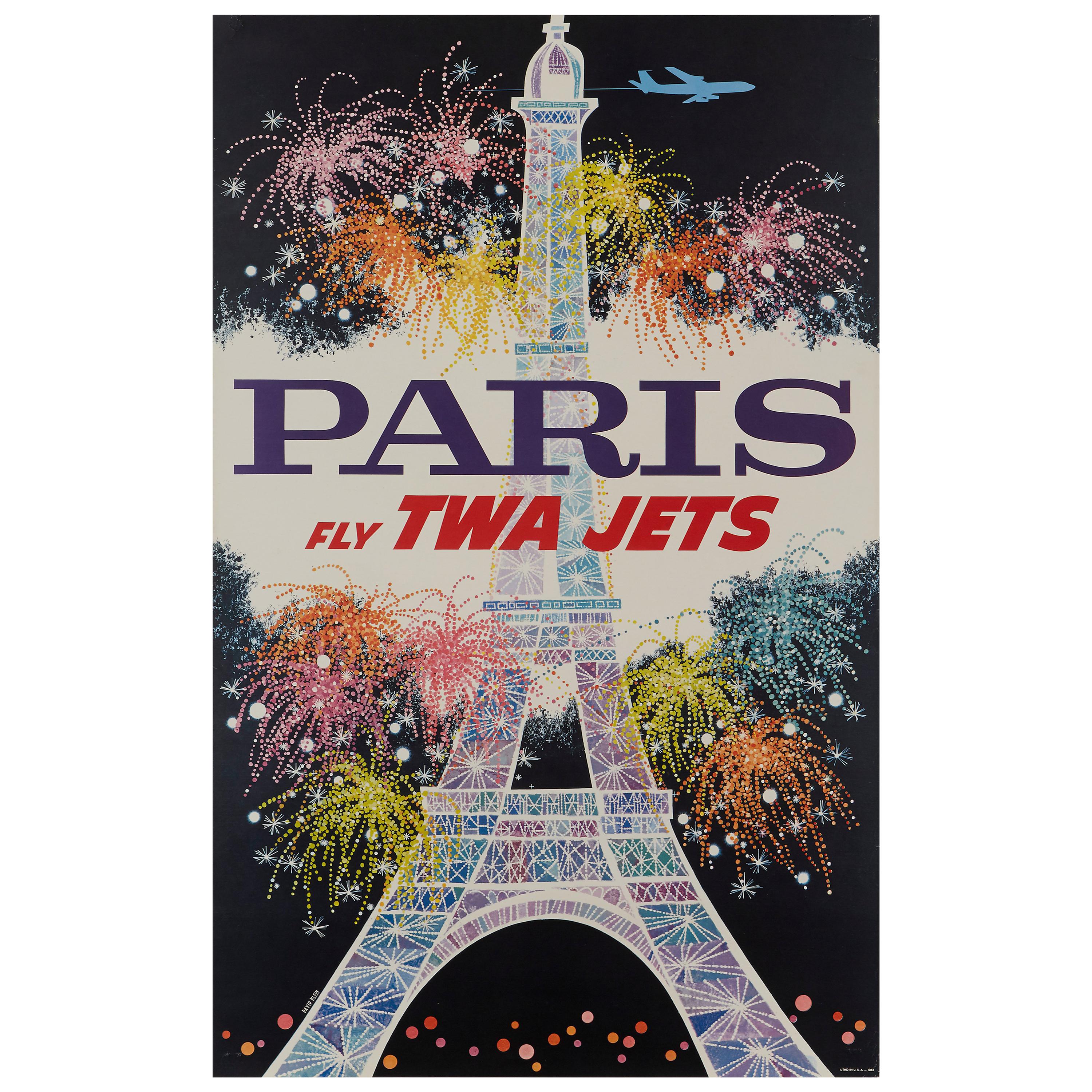"Paris, Fly Twa Jets" Original Vintage Travel Poster by David Klein, 1962