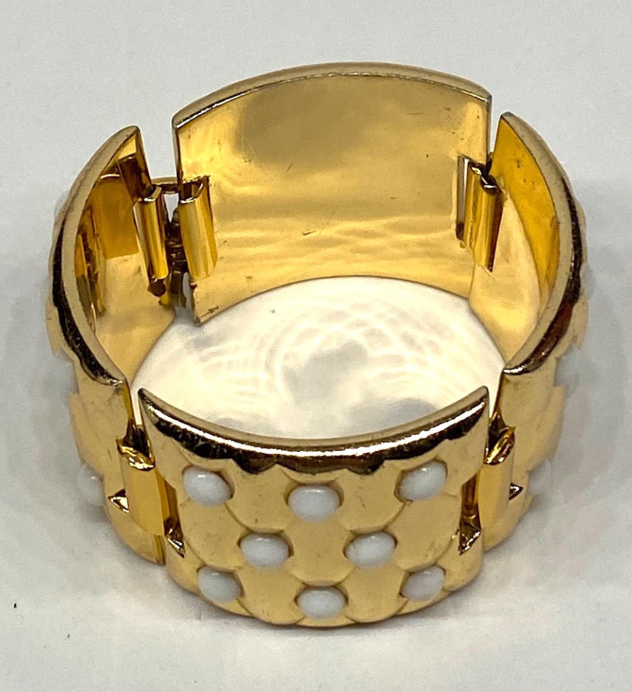Oranium Paris, France 1950s Wide Gold Quilt & White Cabochon Bracelet 5