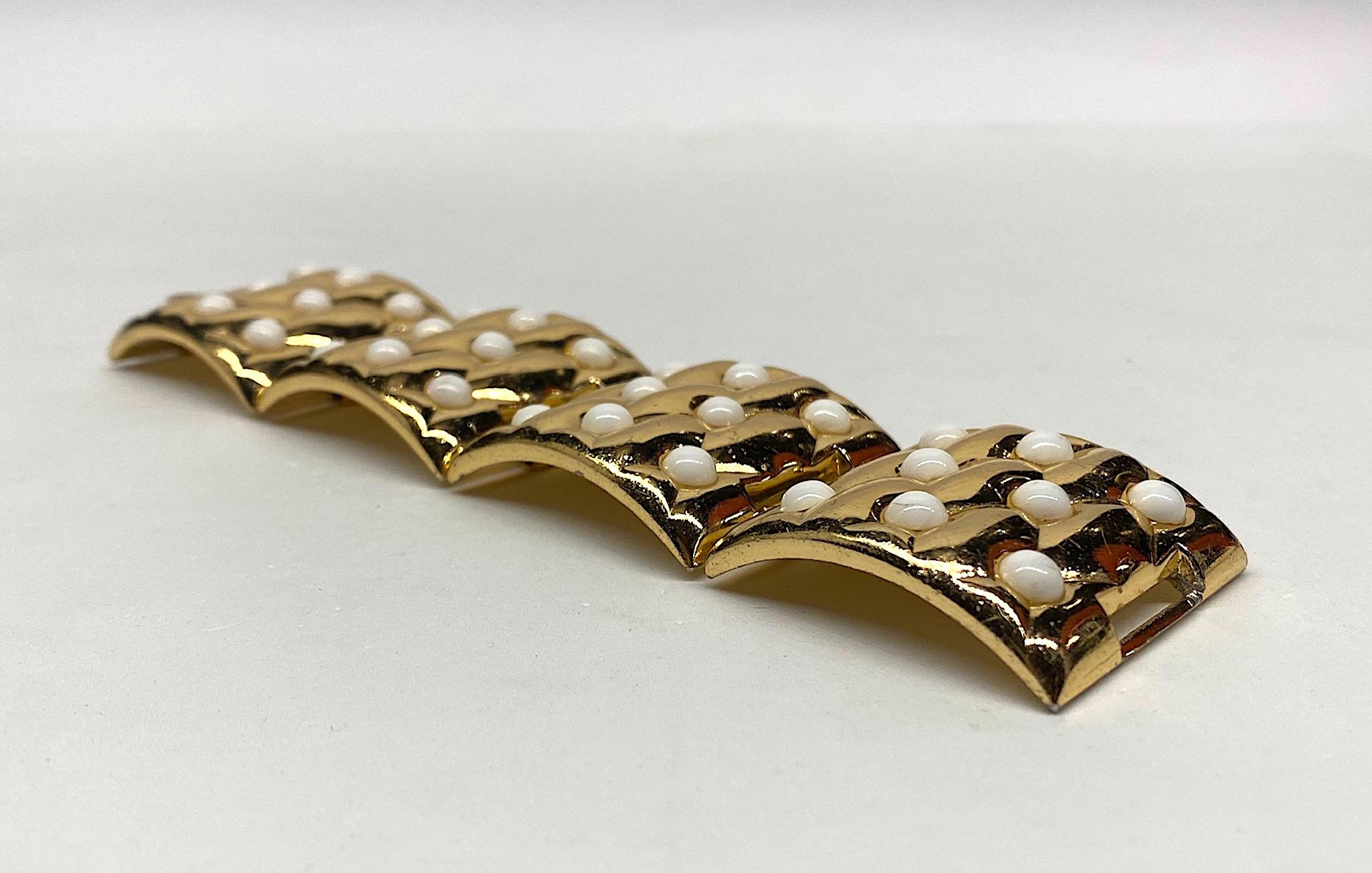 Oranium Paris, France 1950s Wide Gold Quilt & White Cabochon Bracelet In Good Condition In New York, NY