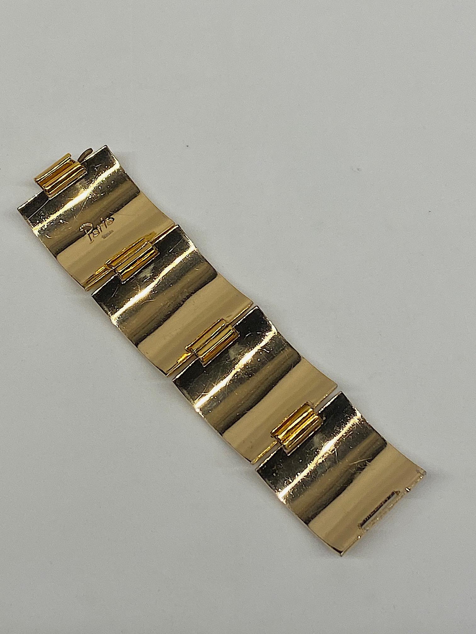 Oranium Paris, France 1950s Wide Gold Quilt & White Cabochon Bracelet 2