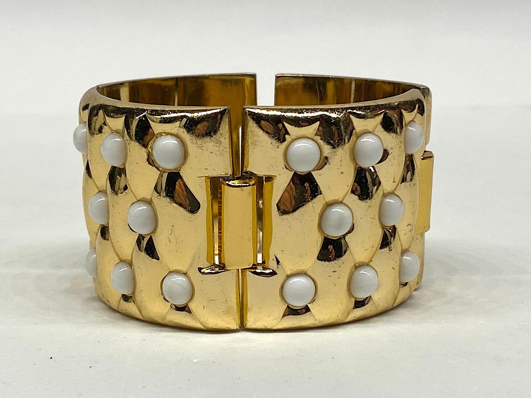 Oranium Paris, France 1950s Wide Gold Quilt & White Cabochon Bracelet 3