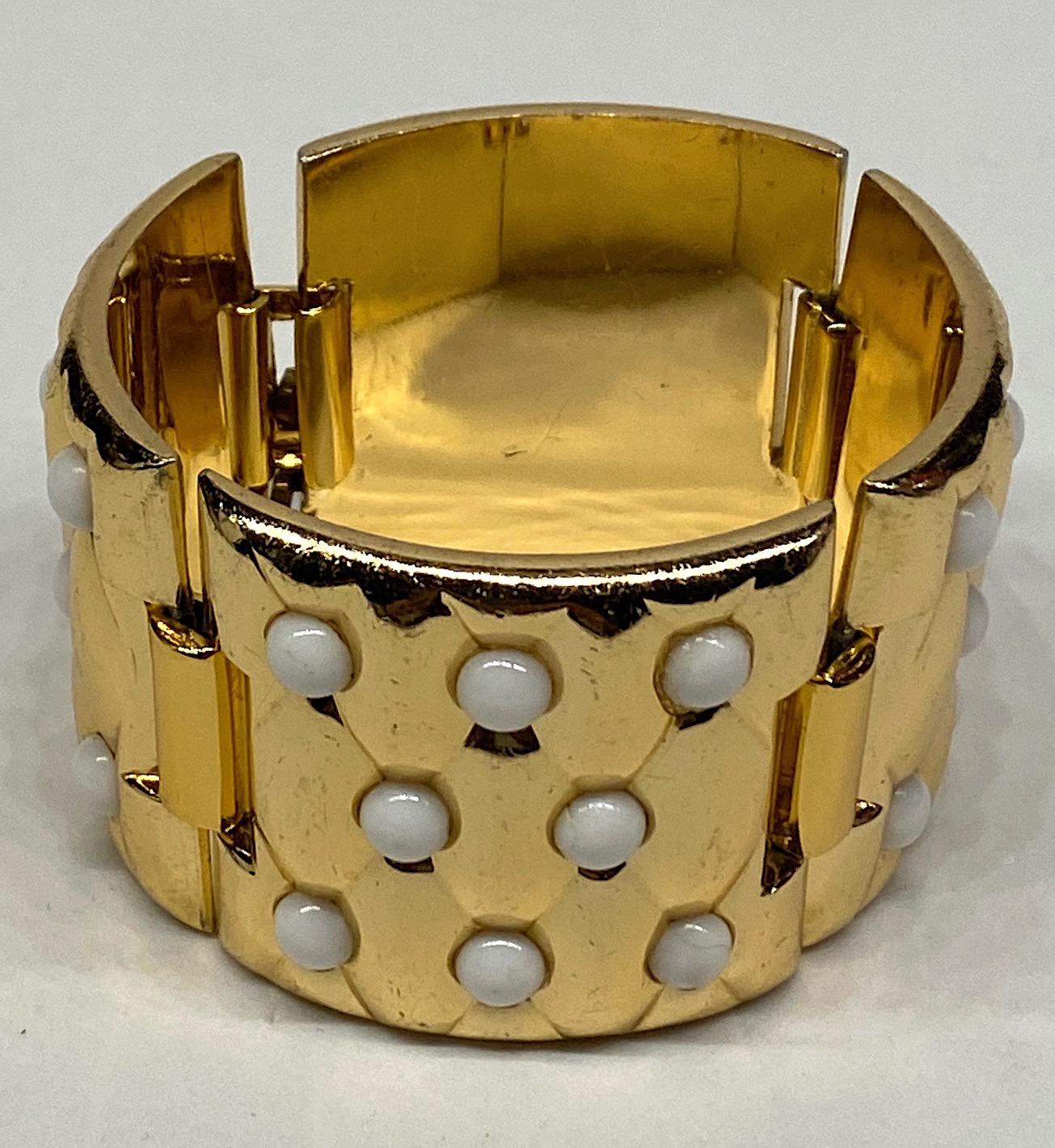 Oranium Paris, France 1950s Wide Gold Quilt & White Cabochon Bracelet 4