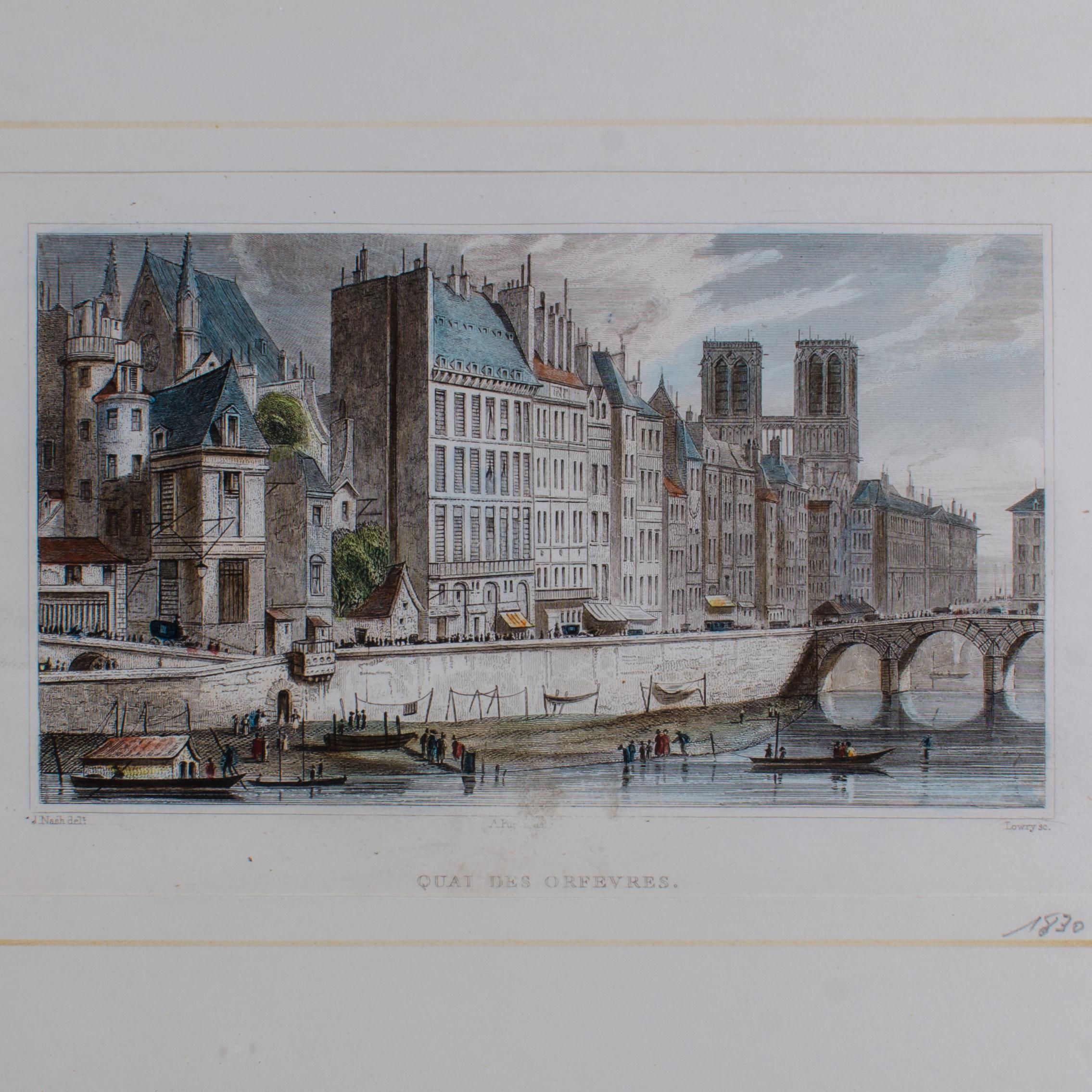Offered is a hand-colored framed antique steel engraving entitled Quai des Orfevres, depicting people and boats on the shores of le Seine with Notre Dame in the distance.  The print is engraved by Lowry after Joseph Nash and published by Robert