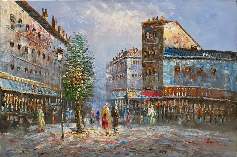 Parisian Street Scene Oil on Canvas Painting, Signed Burnett For