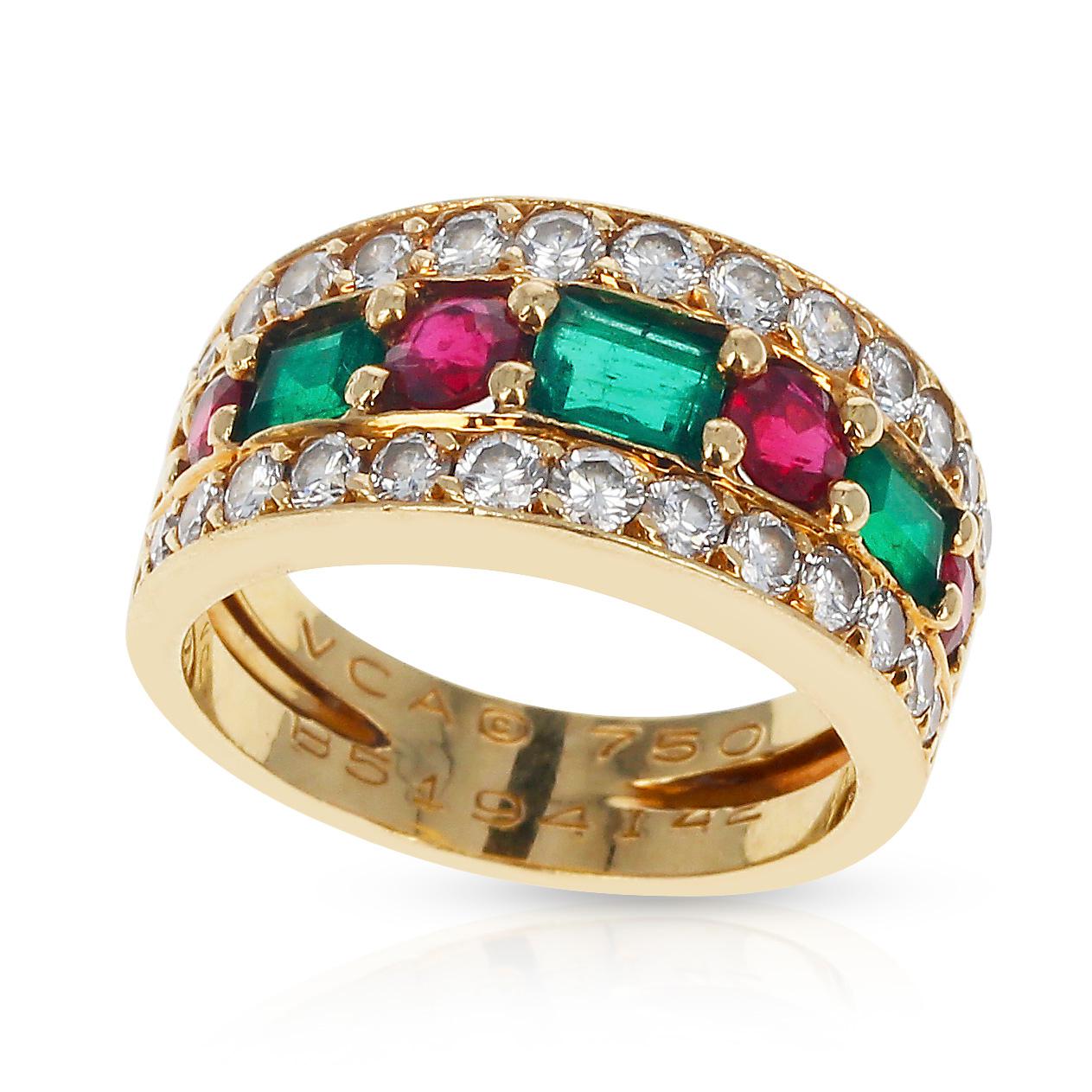 Round Cut Paris, France Van Cleef & Arpels Emerald and Round Ruby and Diamond Band Ring