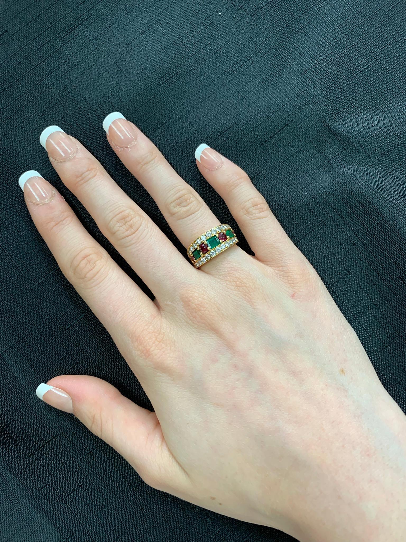 Women's or Men's Paris, France Van Cleef & Arpels Emerald and Round Ruby and Diamond Band Ring
