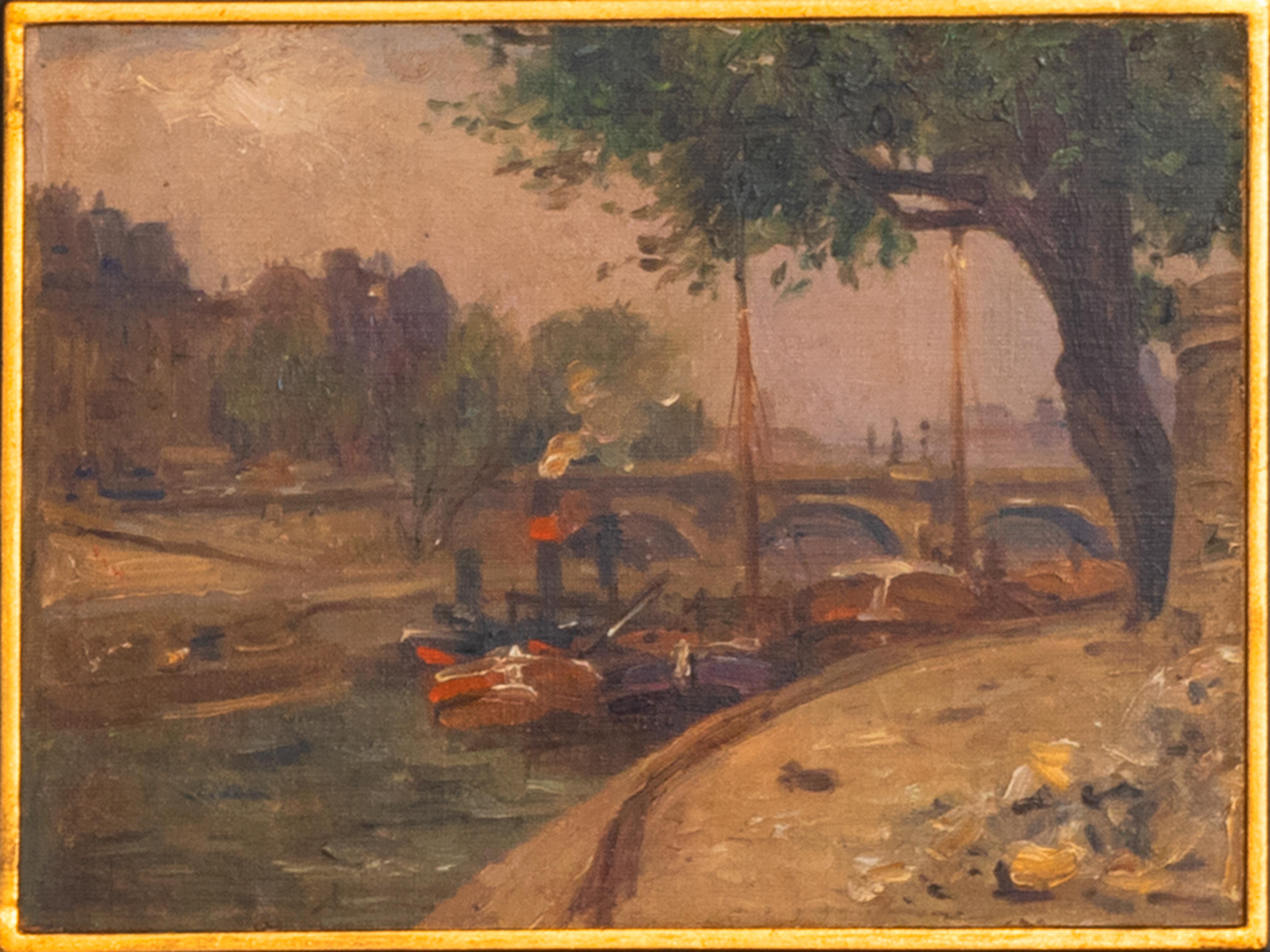 Ein postimpressionistisches Gemälde aus dem 20. Jahrhundert, das ein Frachtdampfschiff auf der Seine neben einem Pariser Flussufer zeigt. Ein französisches Gemälde aus dem goldenen Zeitalter von Paris, der Hauptstadt der Kunst und Kultur.  
Öl auf