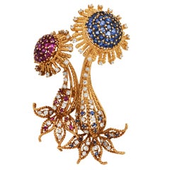 Paris Ian Dessin Vintage 1960s Broche diamant, rubis et saphir - or jaune 18K