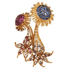Paris Ian Dessin Vintage 1960s Broche diamant, rubis et saphir - or jaune 18K