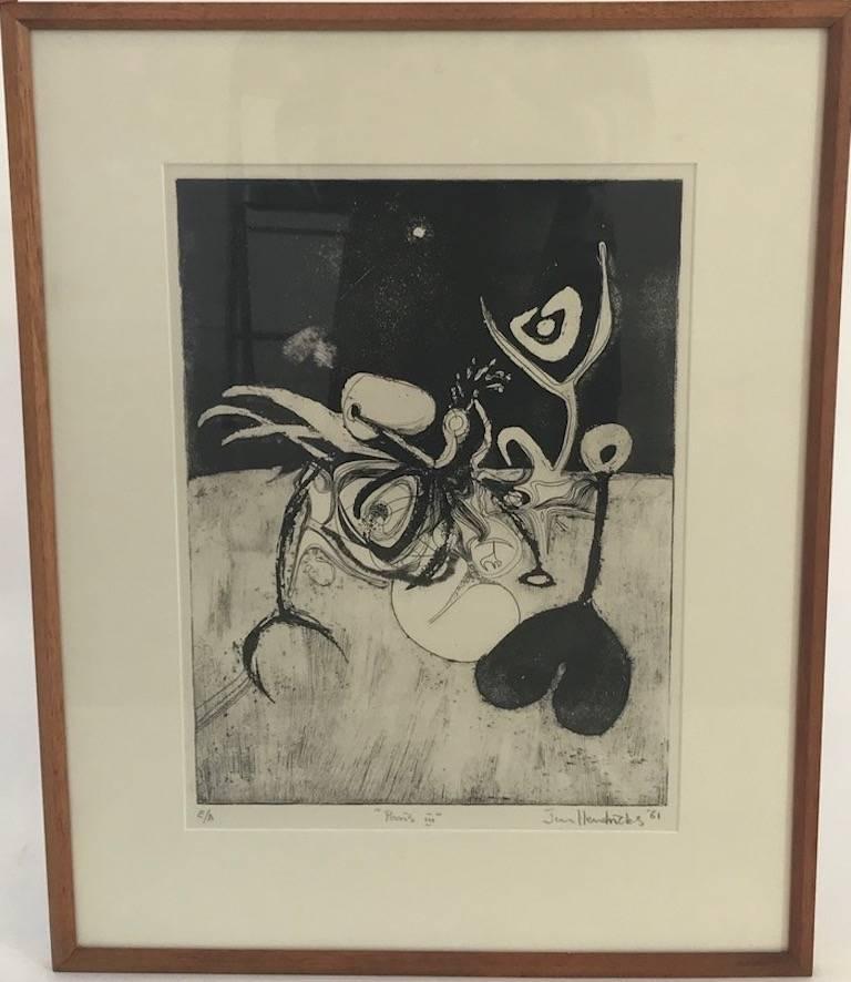 This is a print that has no provenance, and was created by an unlisted
artist. It’s strong abstract lines were irresistible, and have adorned my
personal space at the gallery. The piece is signed Jim Hendricks and is
dated ’61. It is marked E.A.