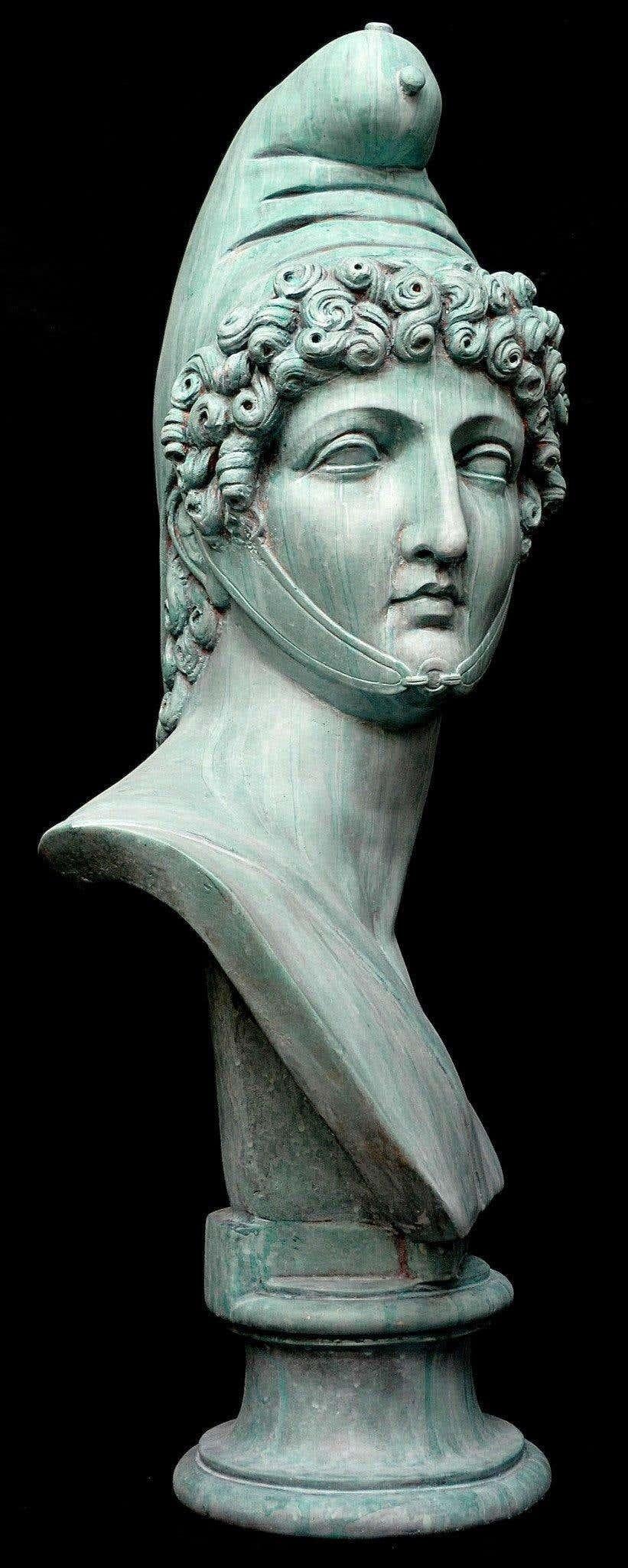 European Paris in Aged Bronze Verdigris, Marble Bust, 20th Century