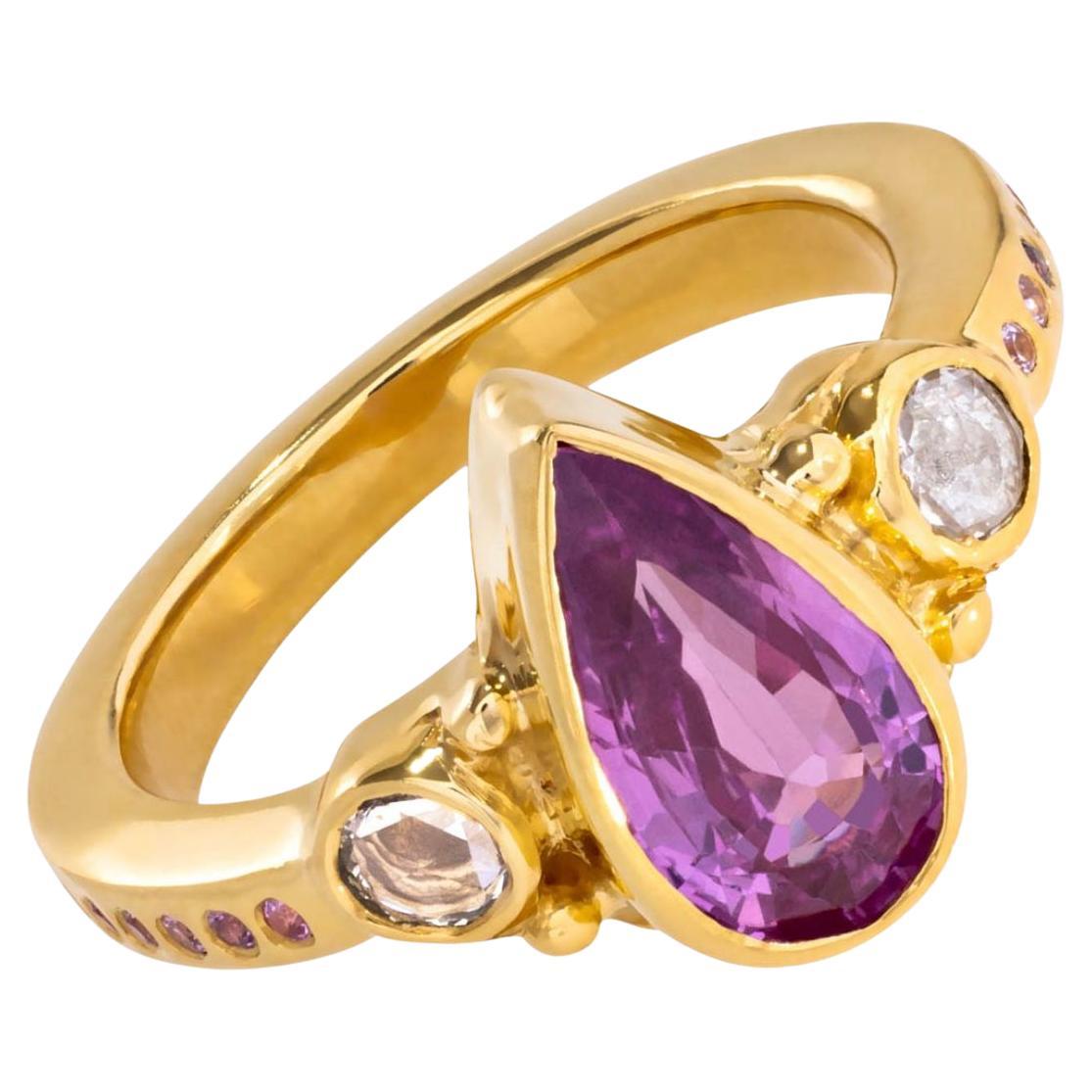 Paris & Lilly 22K Gold, Pear Shaped, Pink Sapphire and Diamond Ring For Sale