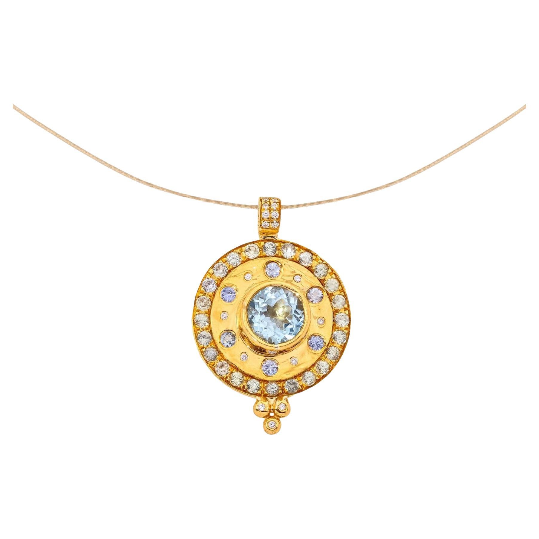 Paris & Lily, Ciondolo fatto a mano in oro 22 carati, acquamarina, zaffiro blu e diamante