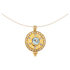 Paris & Lily, Ciondolo fatto a mano in oro 22 carati, acquamarina, zaffiro blu e diamante