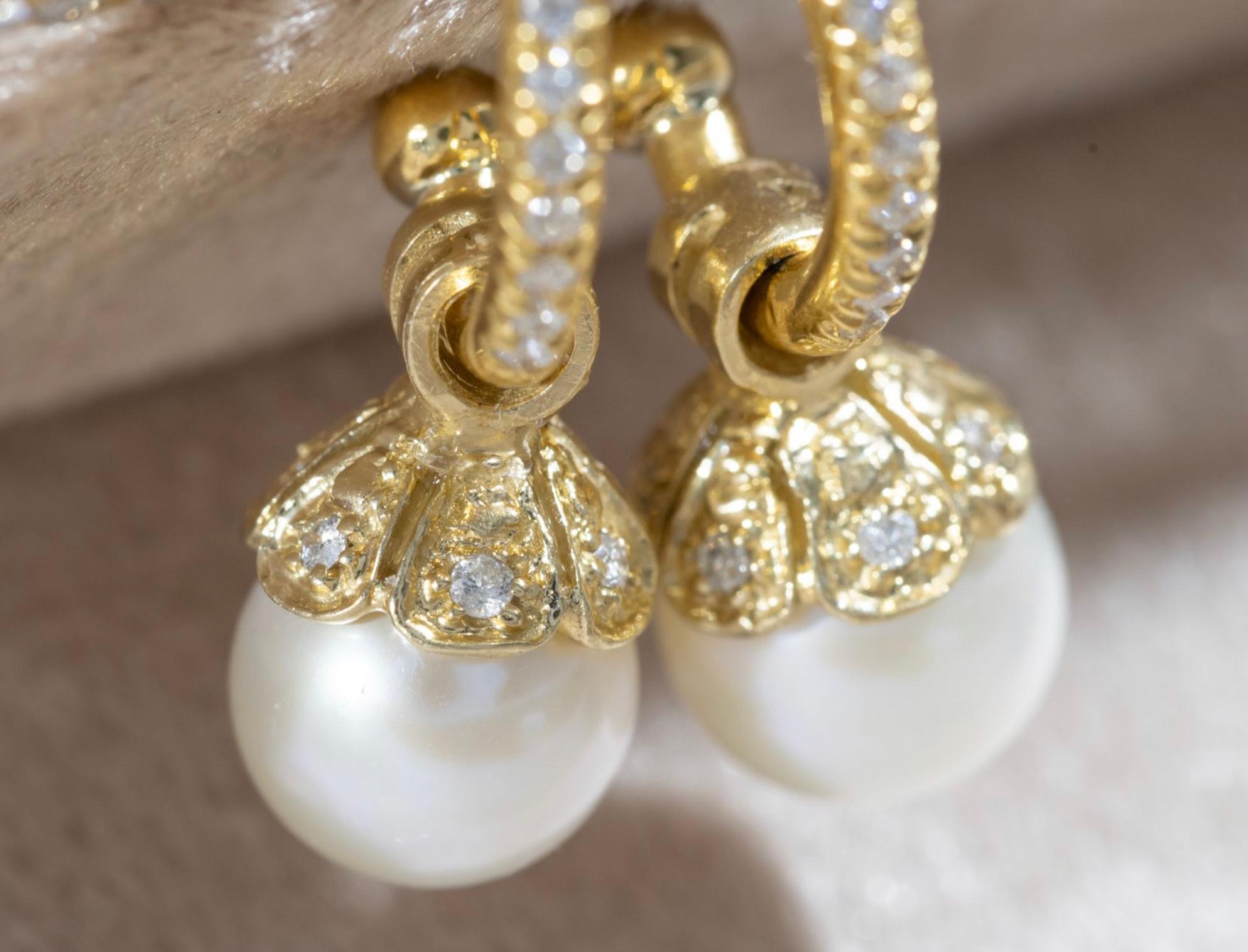 Paris & Lily, handmade, one-of-a-kind, 22K gold, diamond hoop earrings with removable gold, diamond and pearl pendants. The hoops are approximately 13mm in diameter with a post and brilliant diamonds surrounding 3/4 of the earring.  The freshwater