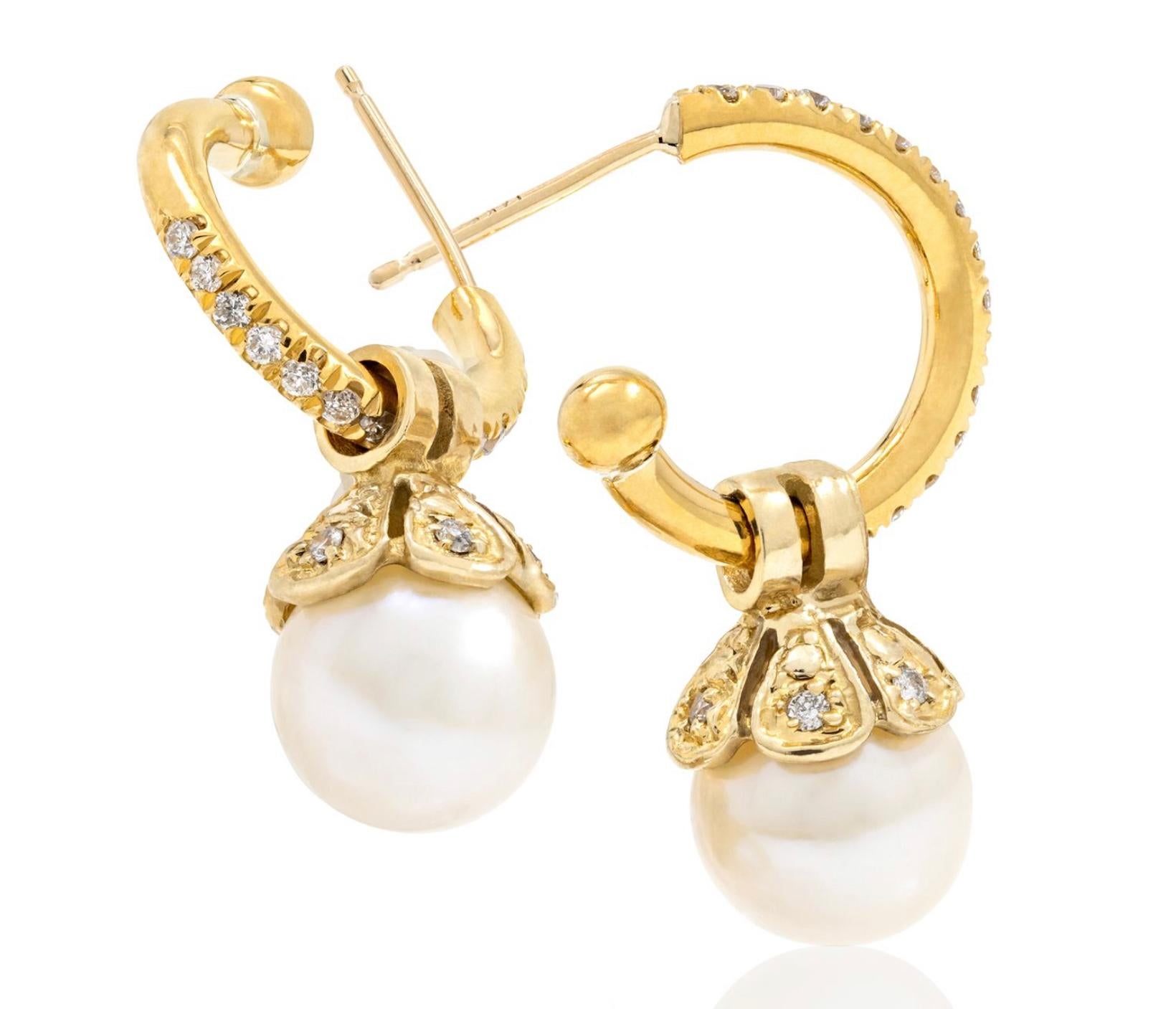 Contemporary Paris & Lily, 22k Gold, Diamond Hoop Earrings with Removable Pearl Pendants For Sale