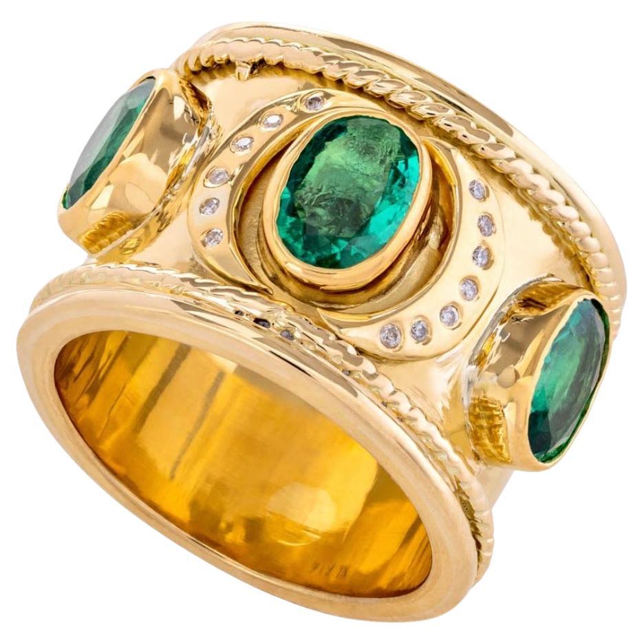 Paris & Lily 22K Gold, Emerald and Diamond Wide Band Ring For Sale
