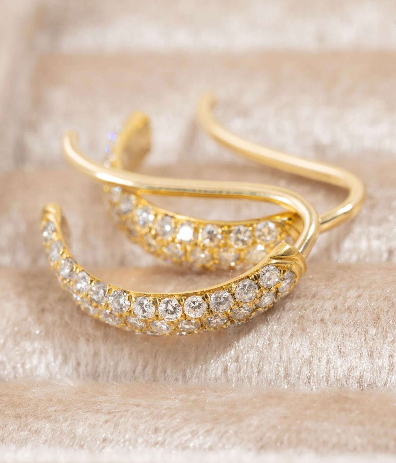 Paris & Lily, one-of-a-kind , 22K gold, handmade, half-round, pave diamond hoop earrings on 18K gold ear wires.  These statement earrings hang approximately 18.7mm from the ear (.73 inch). The brilliant cut diamonds are SI1 quality and between the 2