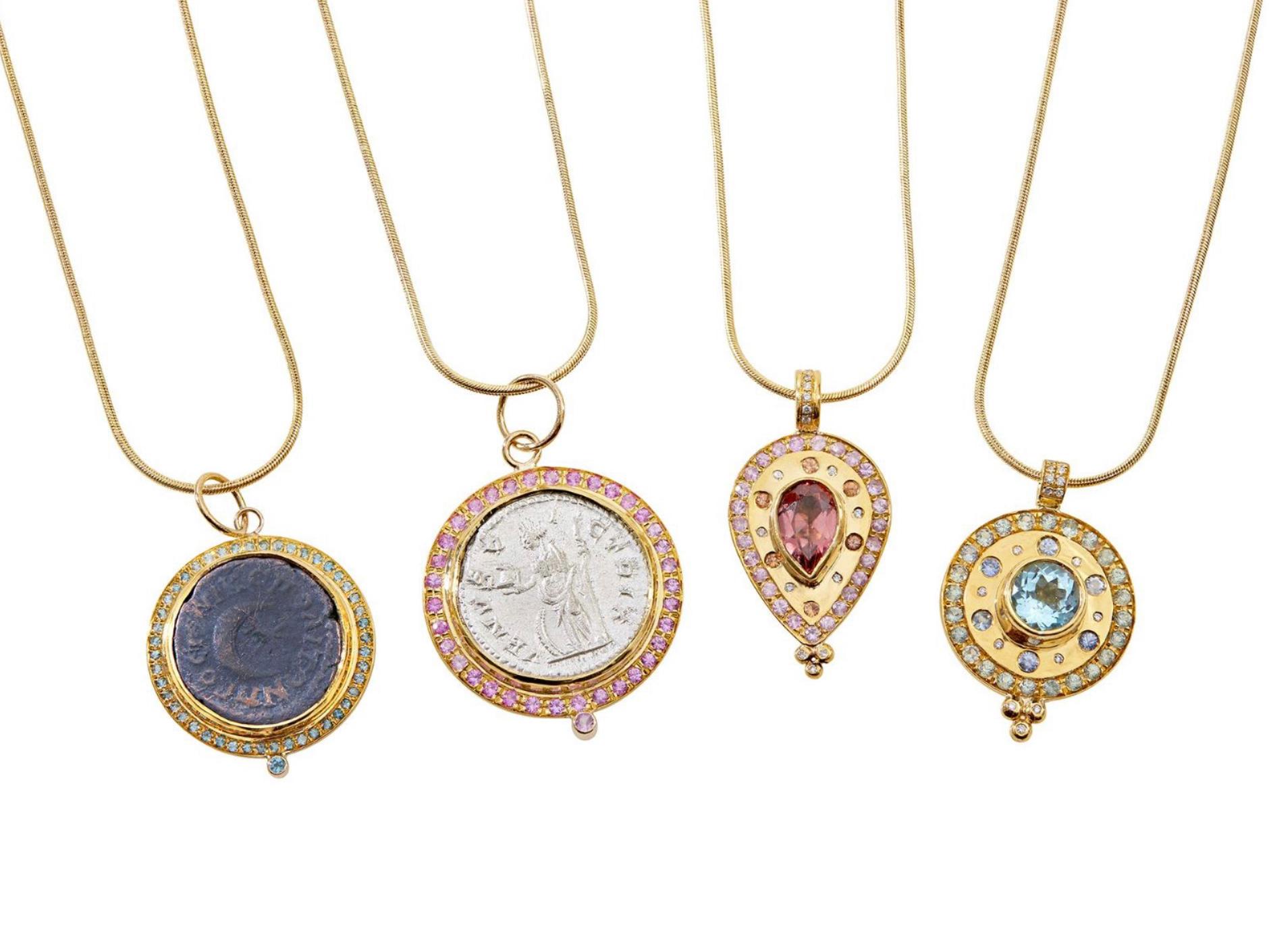 Contemporary Paris & Lily 22K Gold, Pink Tourmaline, Pink & Orange Sapphire & Diamond Pendant For Sale