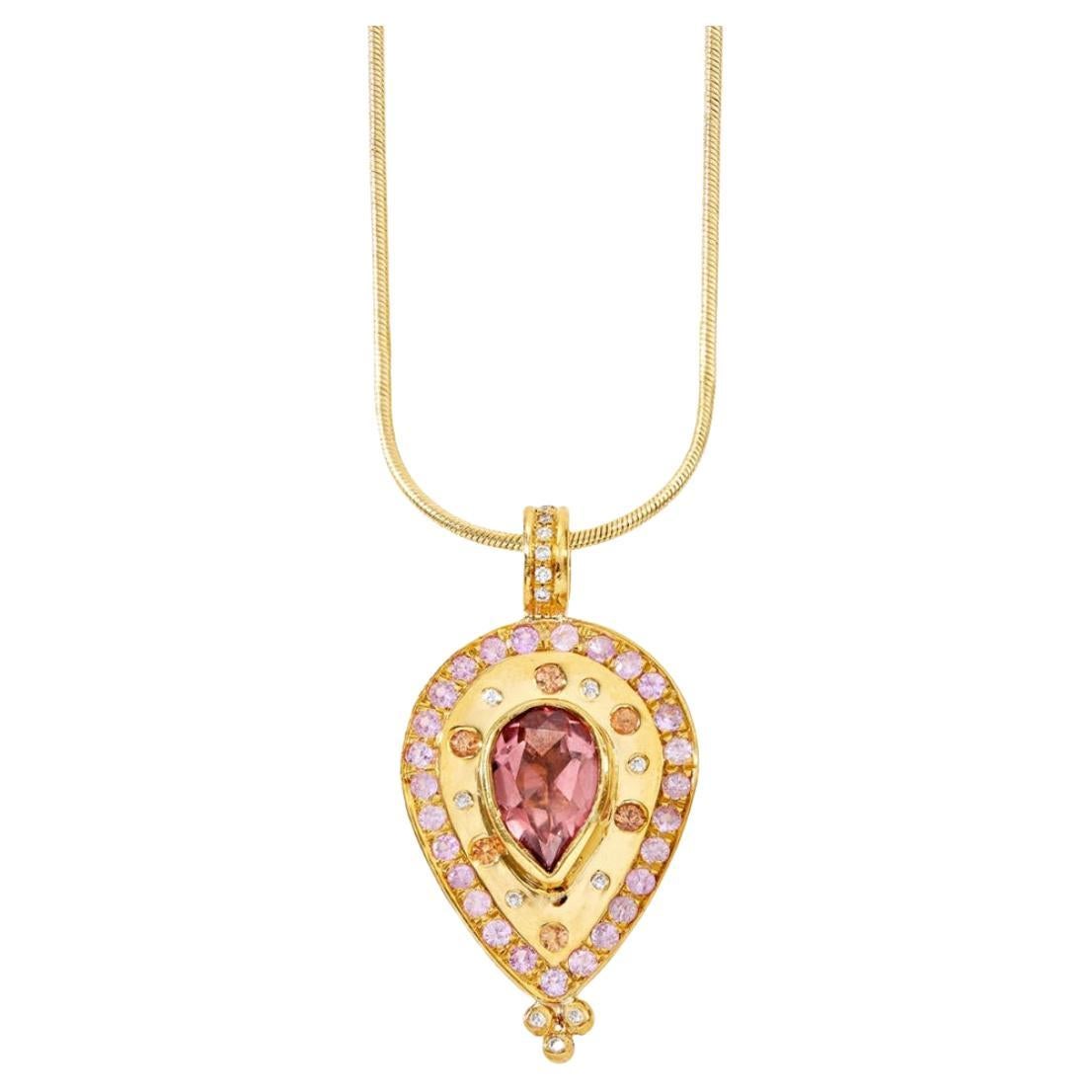 Paris & Lily 22K Gold, Pink Tourmaline, Pink & Orange Sapphire & Diamond Pendant For Sale