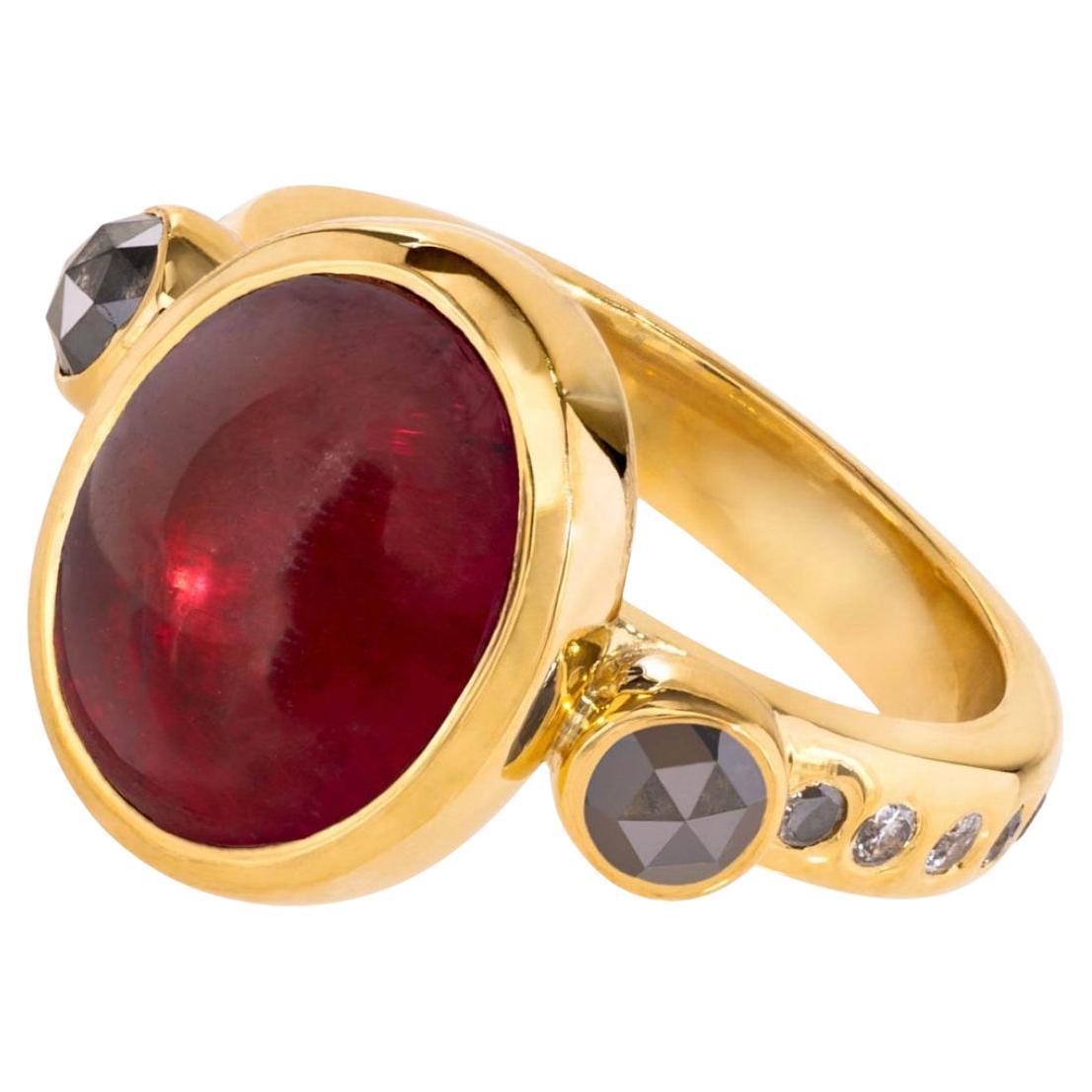 Paris & Lily, 22K Gold Rubellite Tourmaline and Grey Diamond Ring For Sale