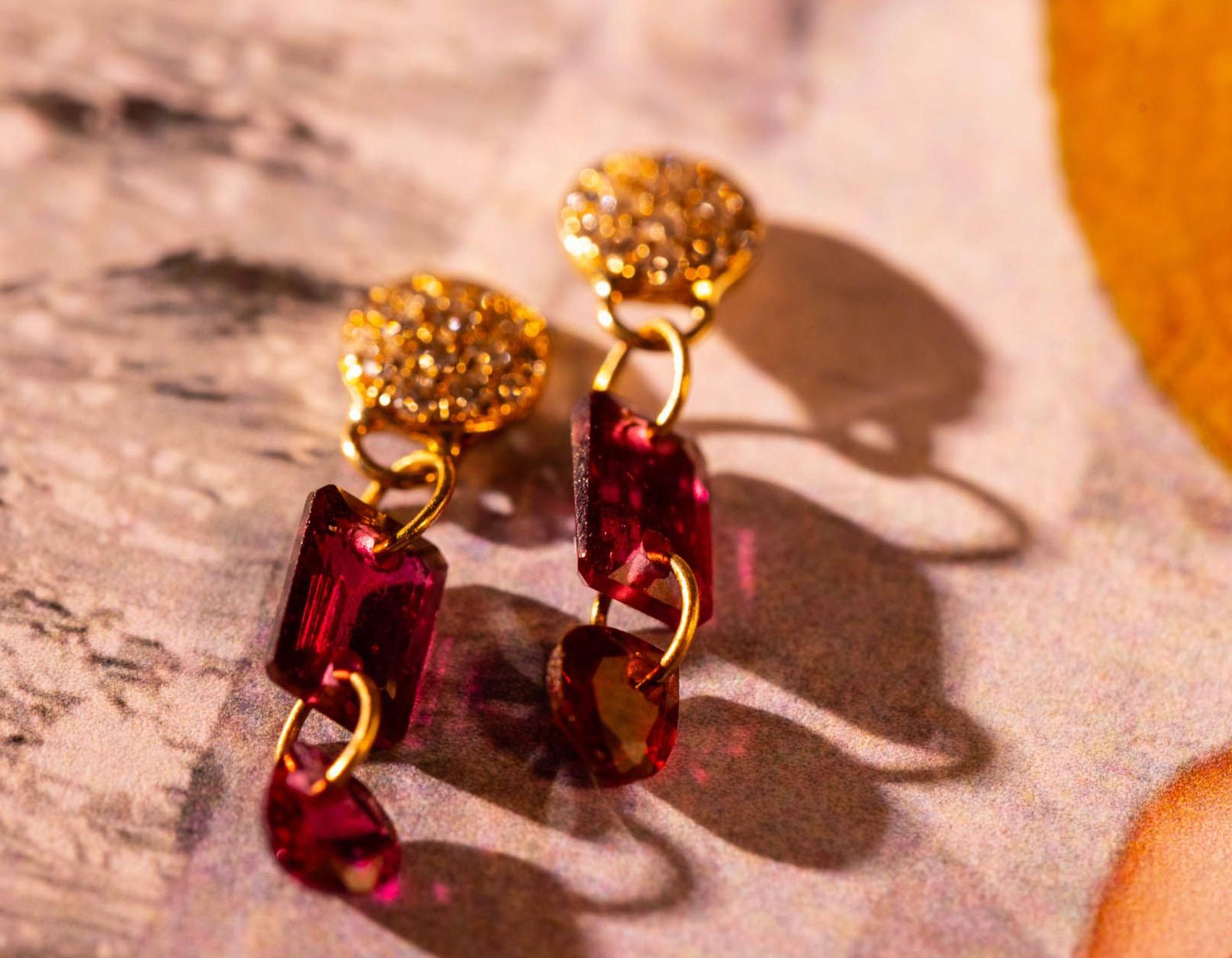 Contemporary Paris & Lily handmade, 18K gold earrings with pave diamond studs & garnets