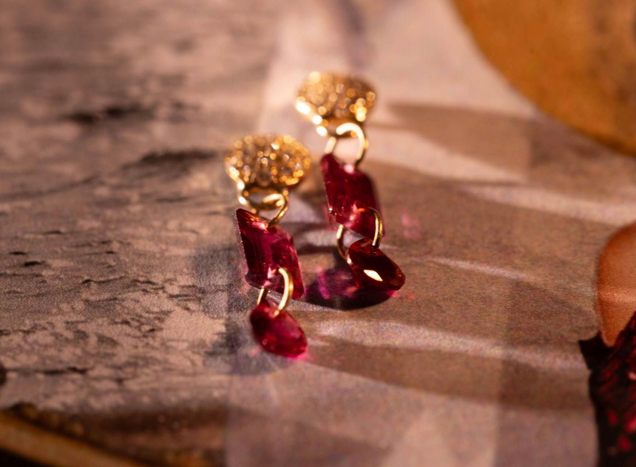 Brilliant Cut Paris & Lily handmade, 18K gold earrings with pave diamond studs & garnets