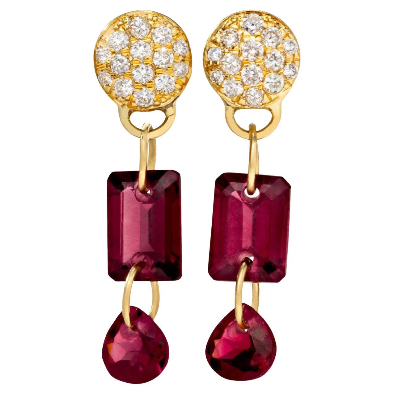 Paris & Lily handmade, 18K gold earrings with pave diamond studs & garnets