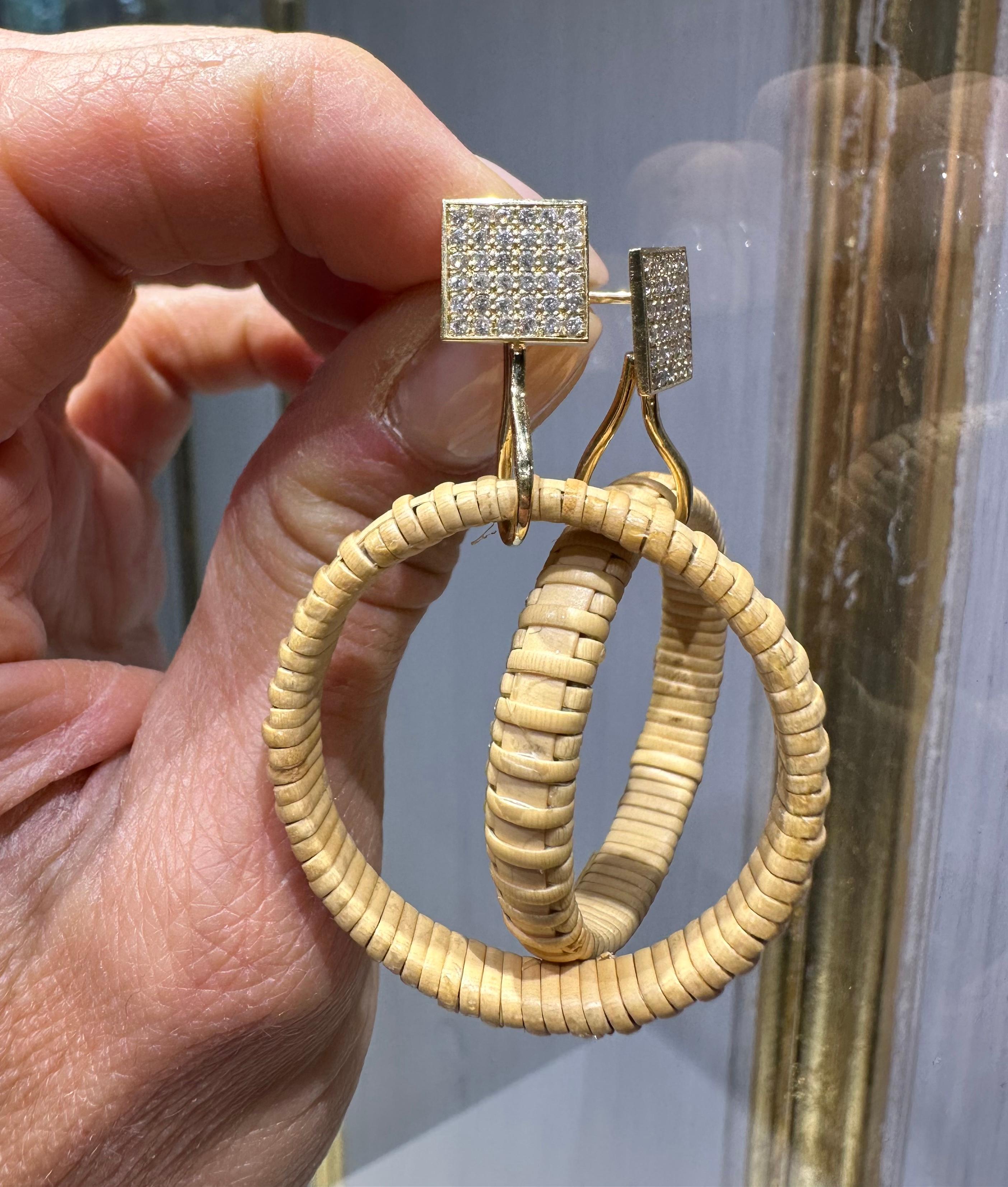 A new addition to the Hyannisport collection - Paris & Lily, handmade, 18K gold, SI1 pave diamond and natural Nantucket lightship basket hoop earrings.  The studs measure 10mm square and the hoops are 35mm in diameter.  