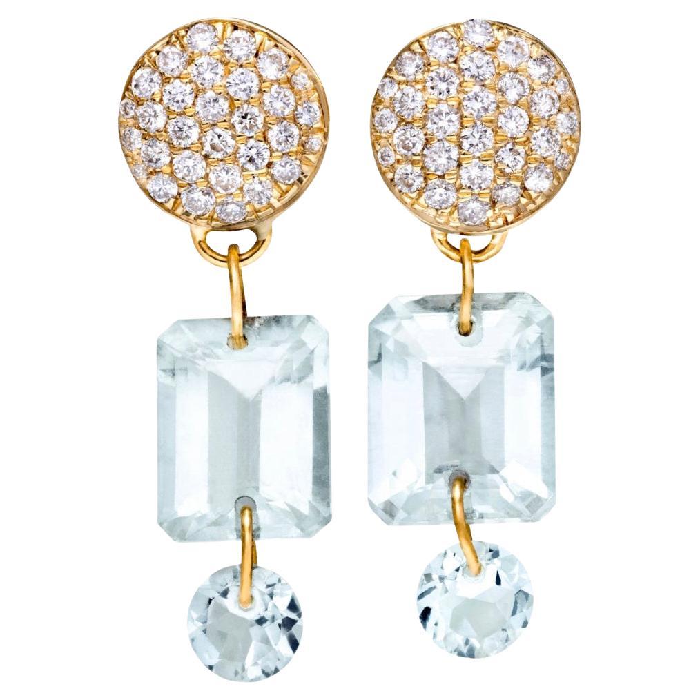 Paris & Lily, handmade, 18K yellow gold earrings with diamonds and aquamarines
