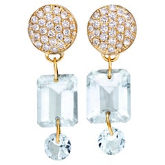 Paris & Lily, boucles d'oreilles en or jaune 18 carats, faites à la main, avec diamants et aigues-marines