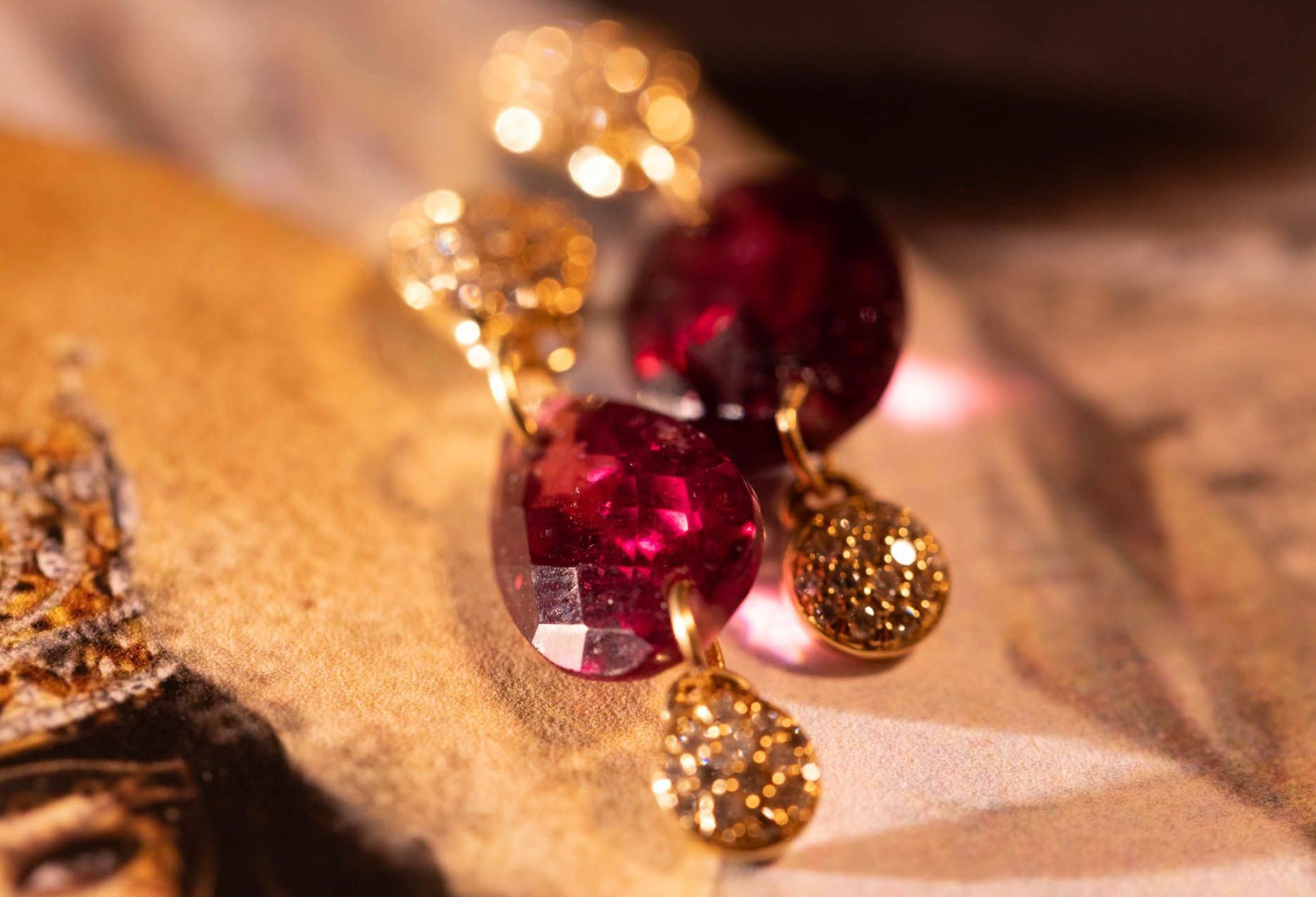 Brilliant Cut Paris & Lily, handmade, 18K yellow gold earrings with pave diamonds and garnets