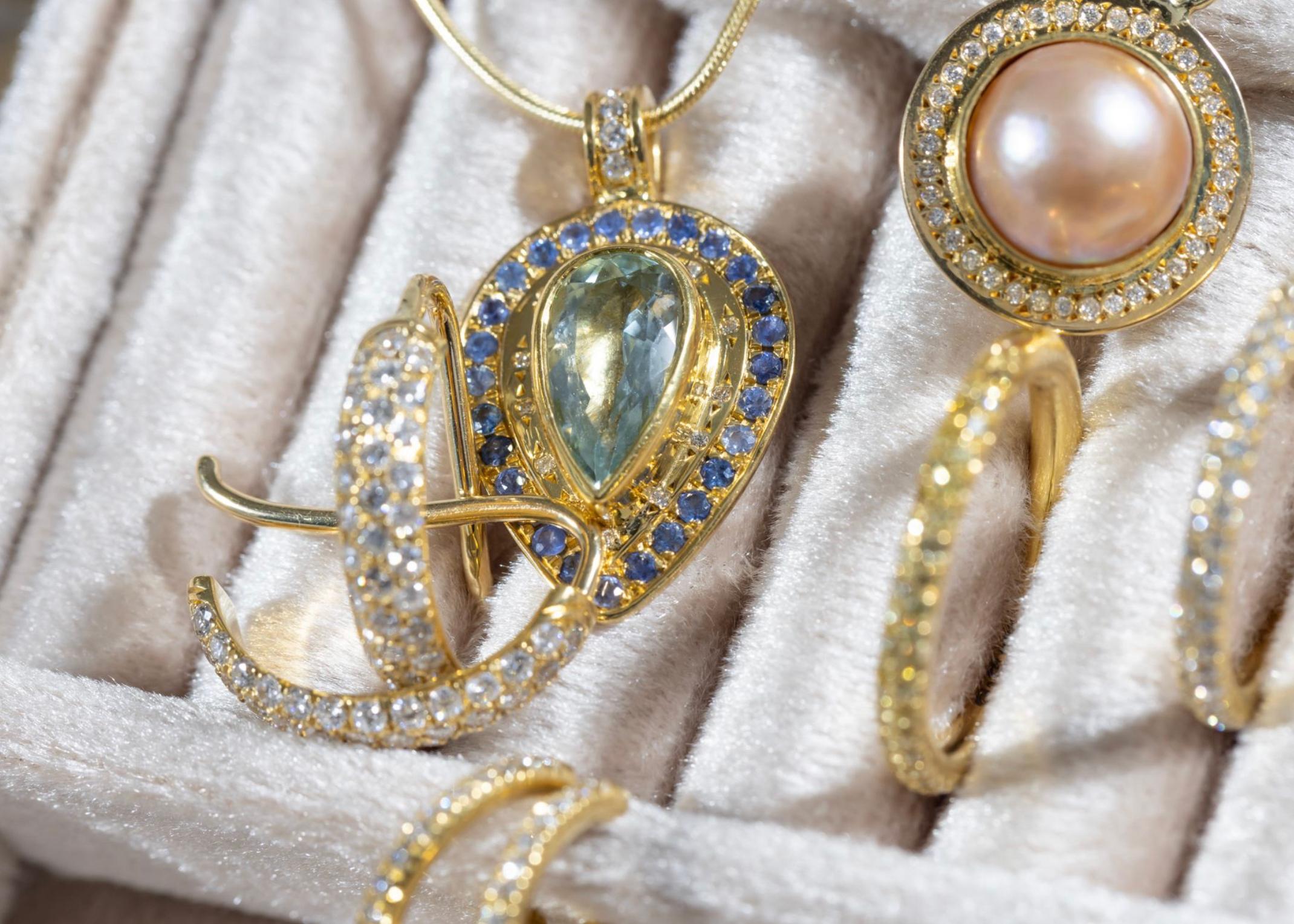 Classical Roman Paris & Lily, Handmade, 22k Gold, Aquamarine, Sapphire and Diamond Pendant