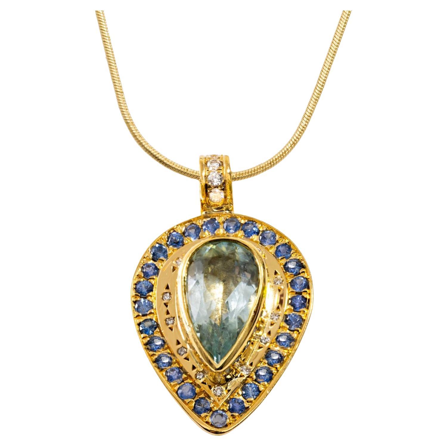 Paris & Lily, Handmade, 22k Gold, Aquamarine, Sapphire and Diamond Pendant