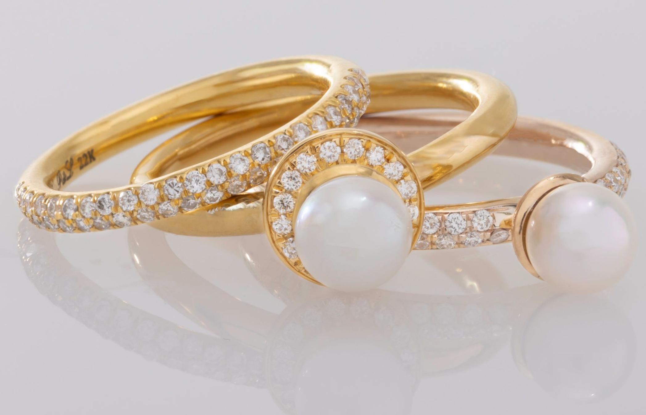Paris & Lily handmade, 22K gold, diamond halo and pearl ring.  Brilliant cut diamonds surround this white, Akoya pearl with a sparkling halo.  The pearl measures approximatley 5mm round and has incredible luster.  Paris & Lily rings are beautiful