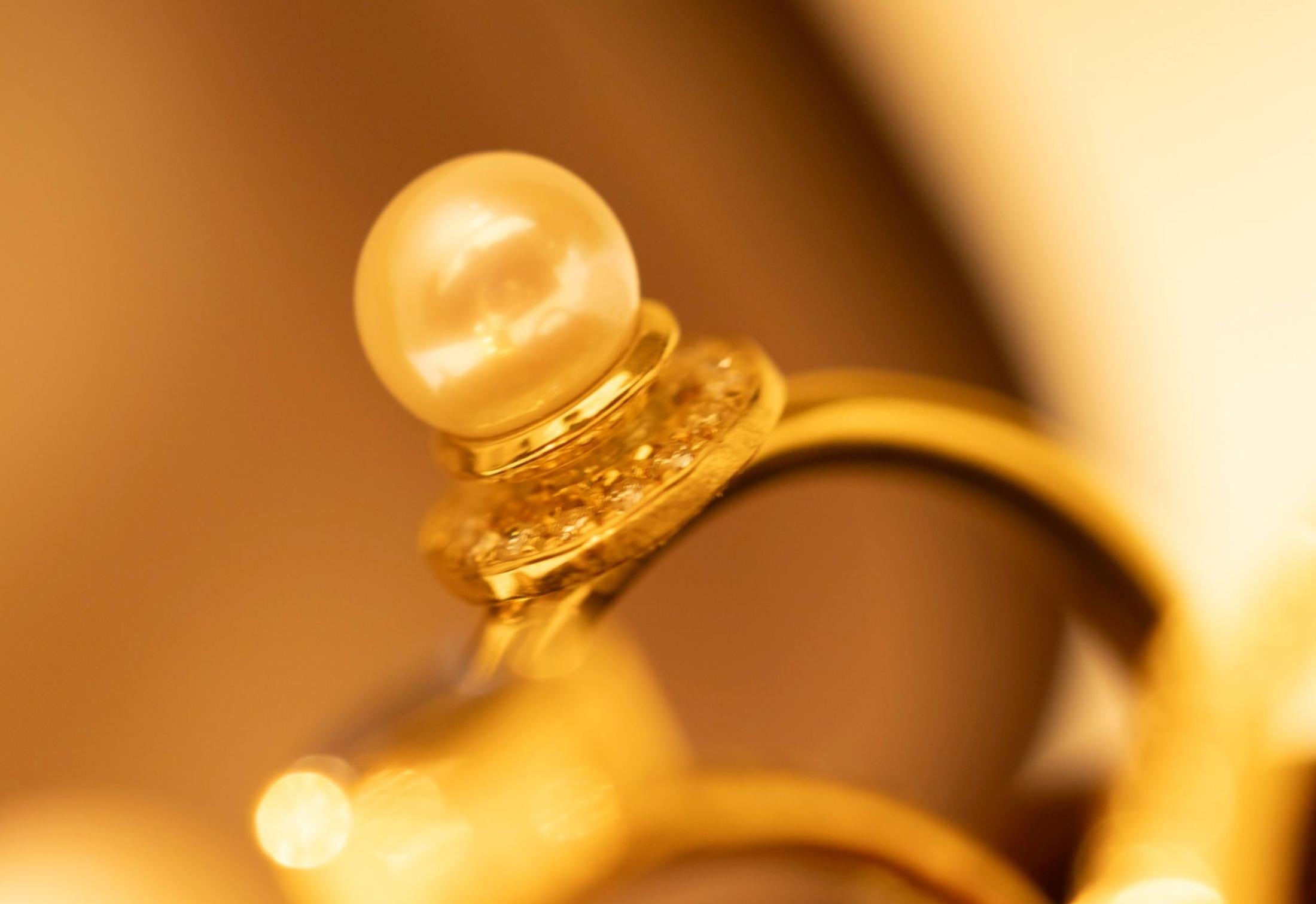 Contemporary Paris & Lily Handmade 22K Gold, Diamond Halo, Pearl Ring For Sale