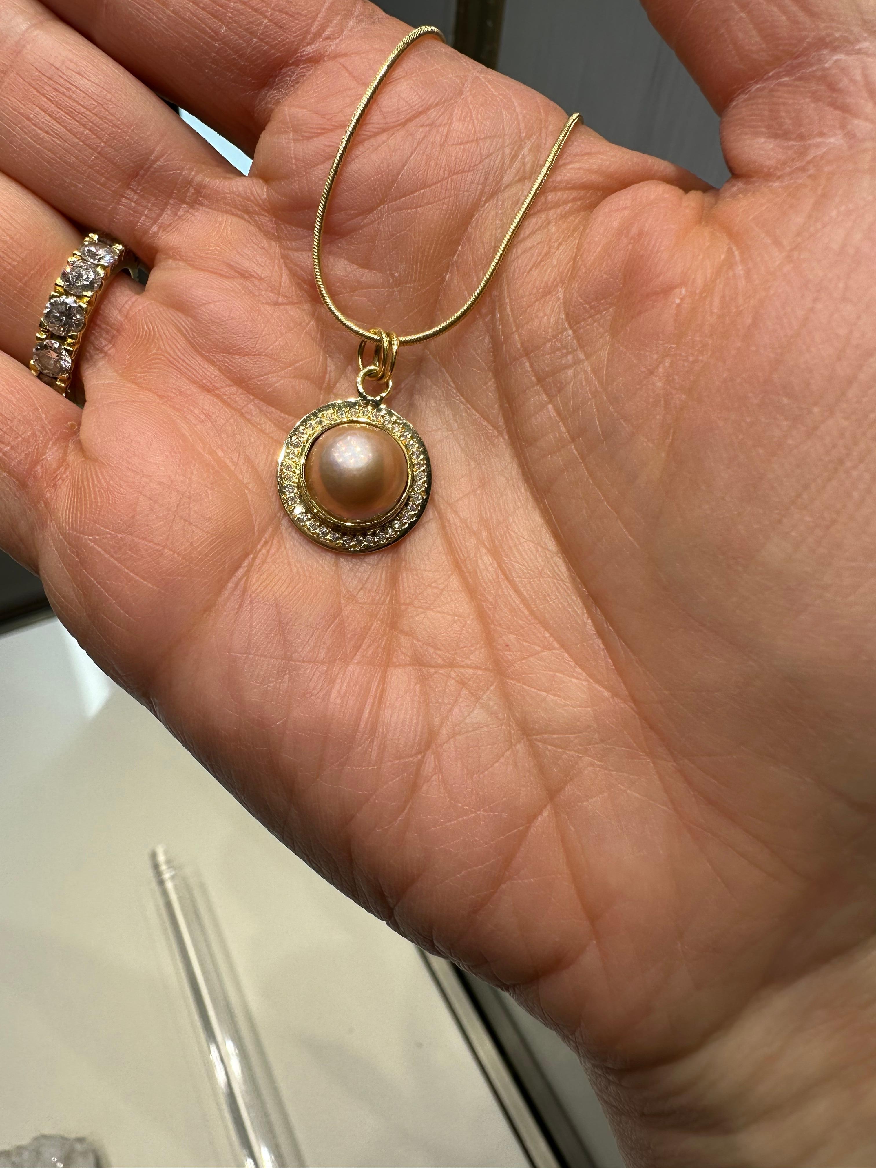 Contemporary Paris & Lily, Handmade, 22k Gold, Pink Mabe Pearl Pendant with Diamonds For Sale