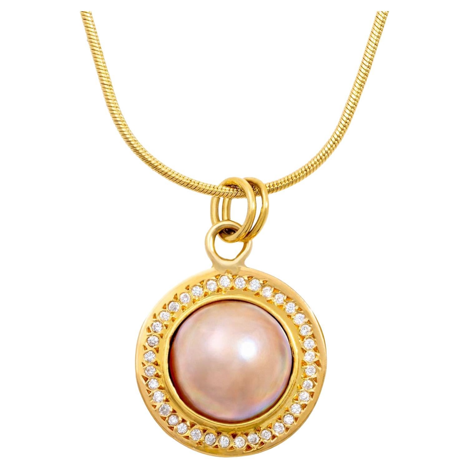 Paris & Lily, Handmade, 22k Gold, Pink Mabe Pearl Pendant with Diamonds For Sale