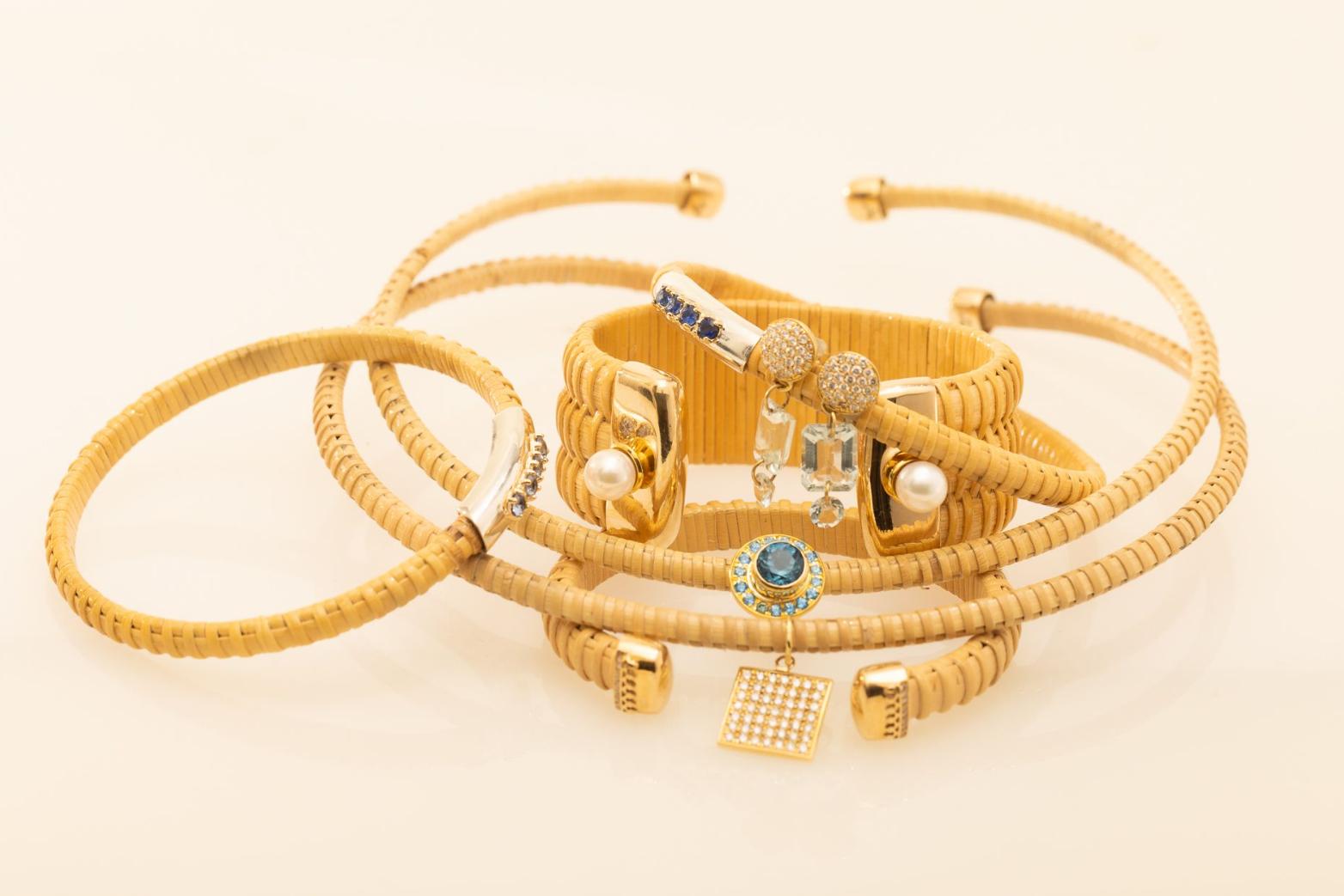 Round Cut Paris & Lily Nantucket Lightship Basket Cuff Bracelet with Gold & Pearls For Sale