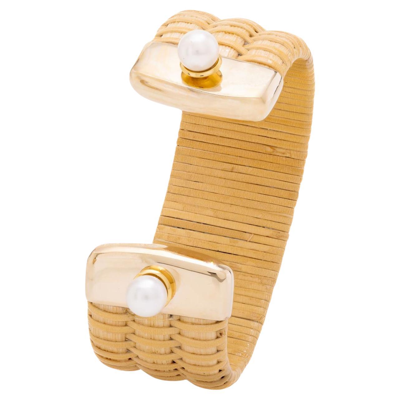 Paris & Lily Nantucket Lightship Basket Cuff Bracelet with Gold & Pearls For Sale