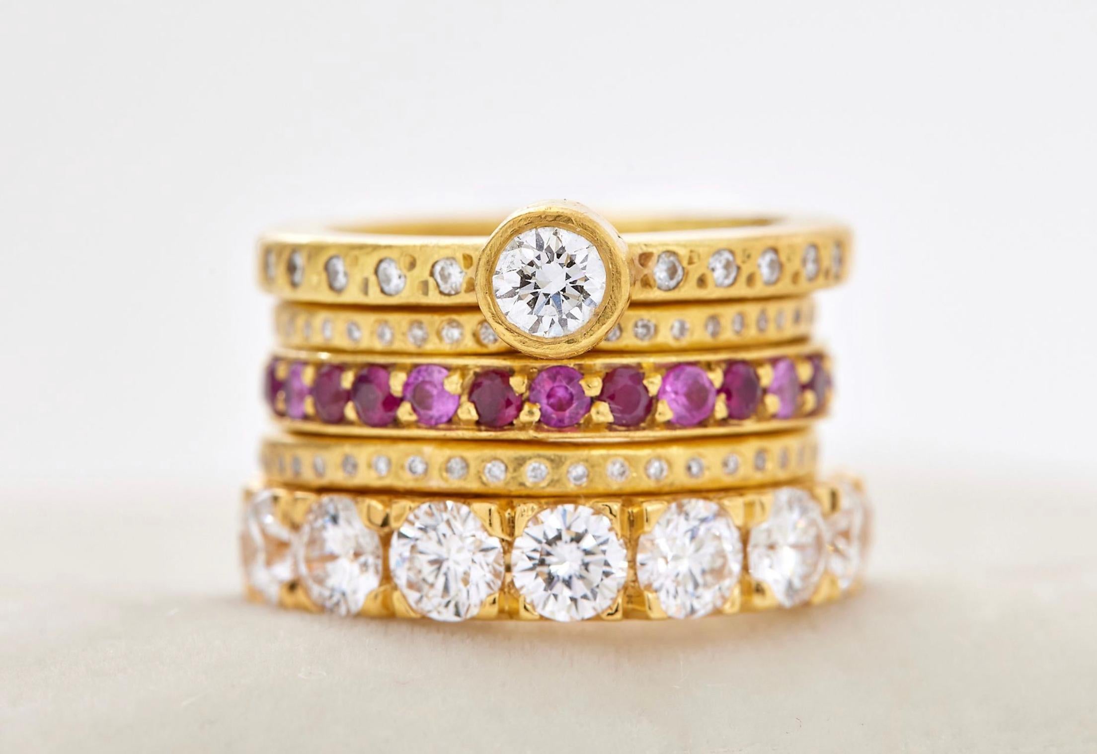 Brilliant Cut Paris & Lily, One-Of-A-Kind, Handmade, 22K Gold, Ruby and Pink Sapphire Band For Sale