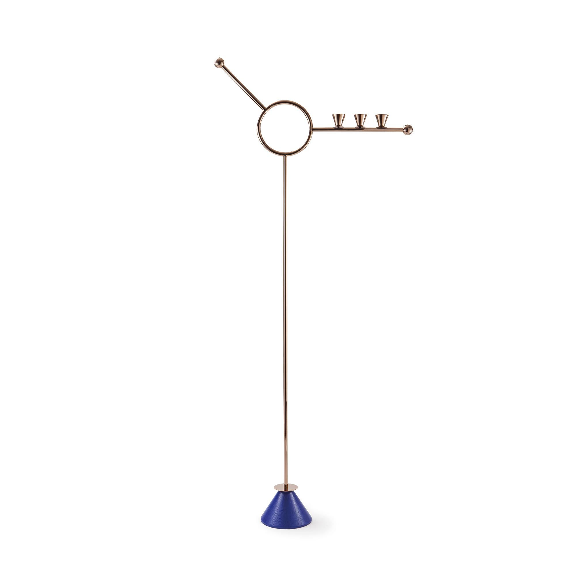 Paris Memphis N°1 candleholder by Thomas Dariel
Dimensions: D 15 x W 55 x H 131.5 cm 
Materials: Plated metal coated with glossy pink copper finish base in ash veneer painted in matte blue indigo.
Also available in other sizes and